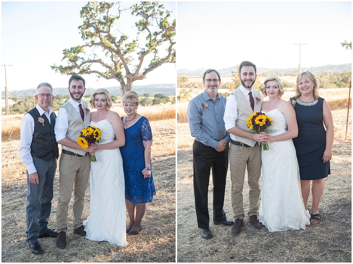 Summer Family Ranch Wedding in Templeton, California. Large family. Sunflowers and red roses.