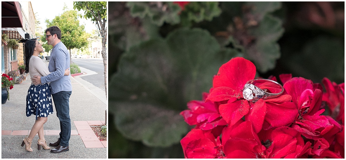 Arroyo Grande Village Downtown engagement session with roosters, greenery, and laughter
