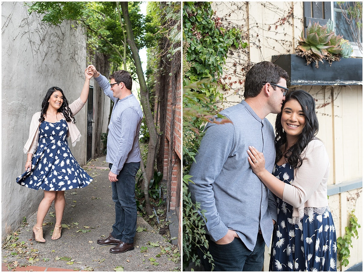 Arroyo Grande Village Downtown engagement session with roosters, greenery, and laughter