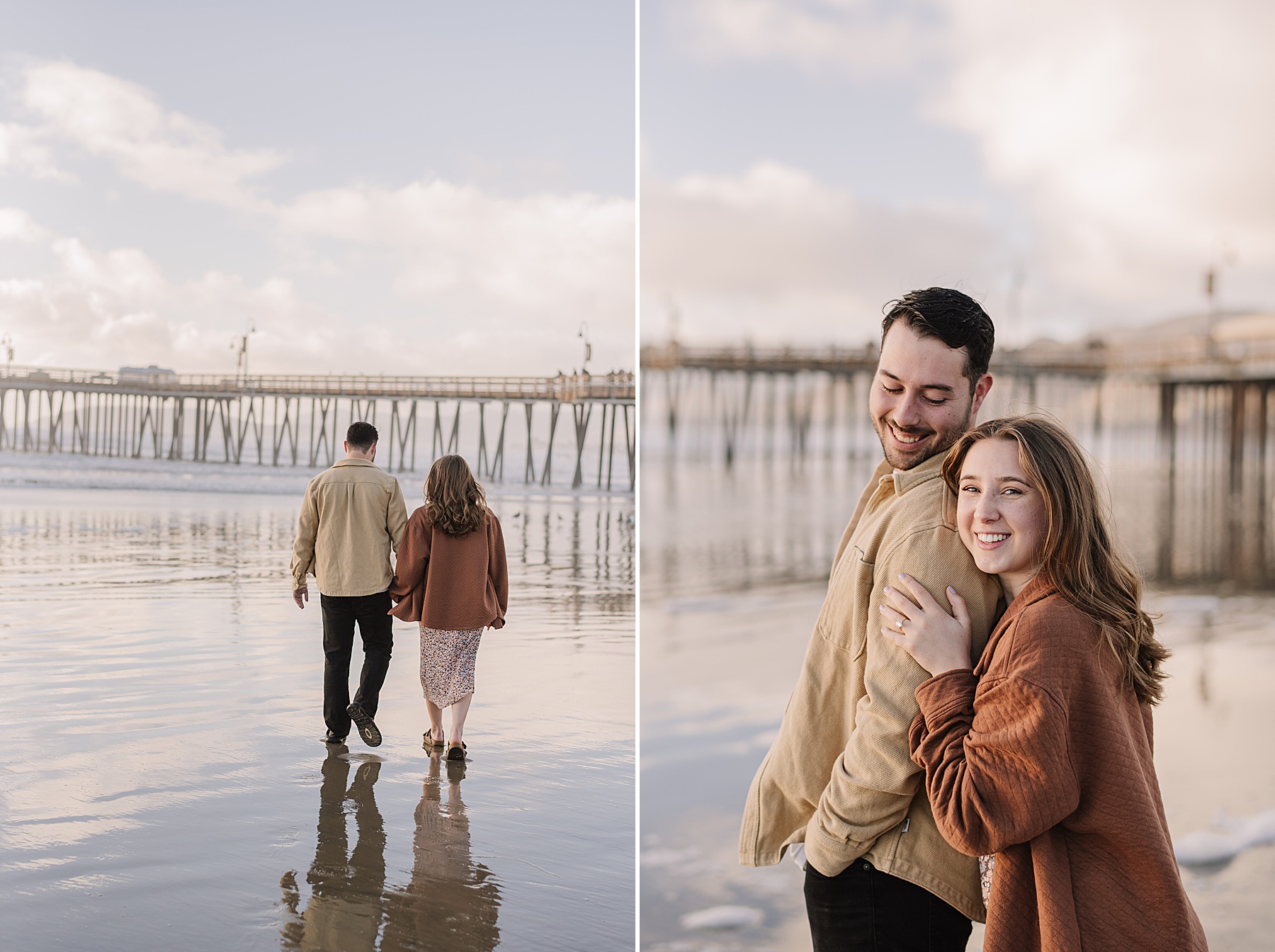 Couple smile at camera after getting engaged on a beach in San Luis Obispo county.