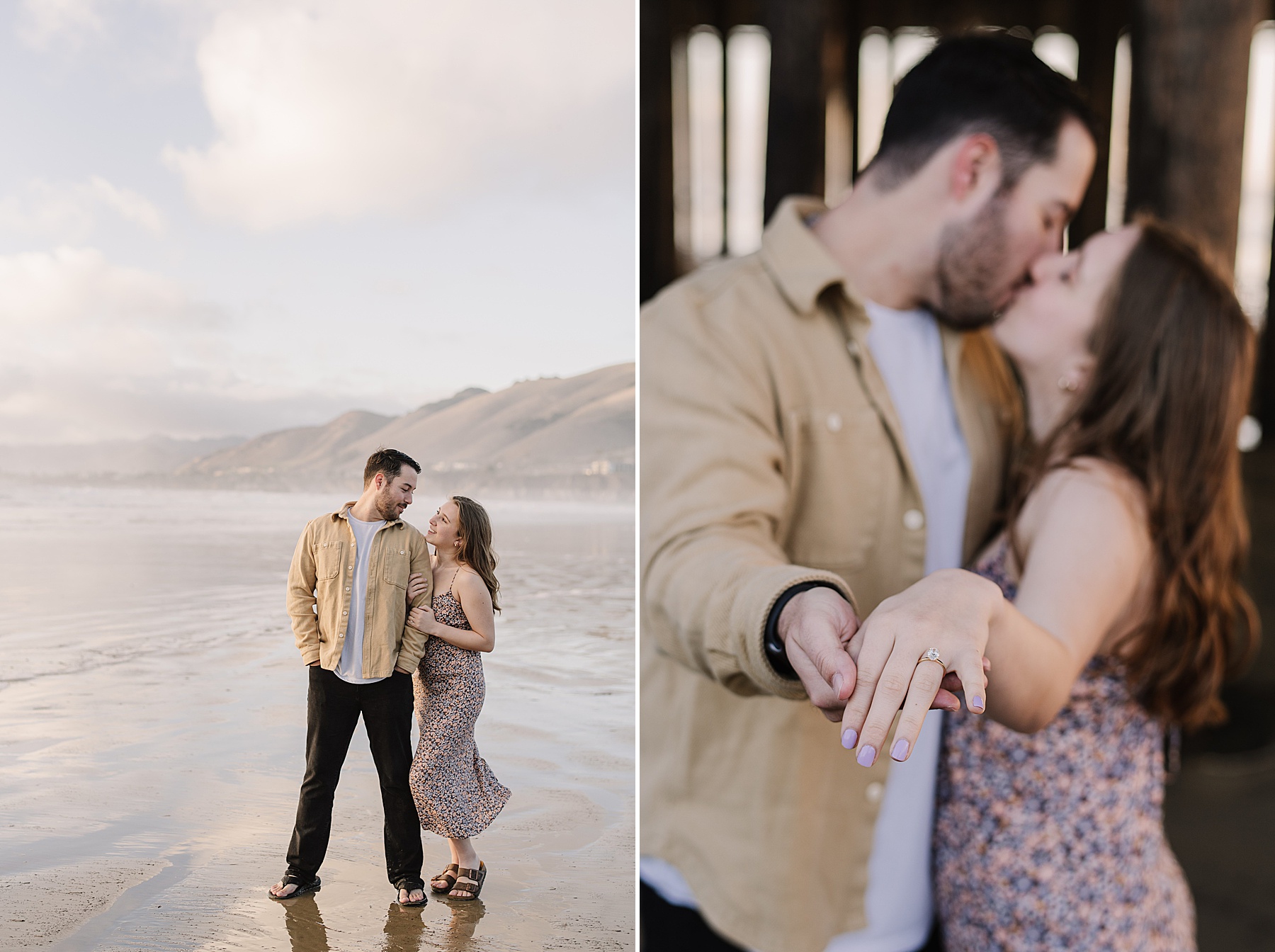 Engaged couple post with wedding ring on SLO-county beach.