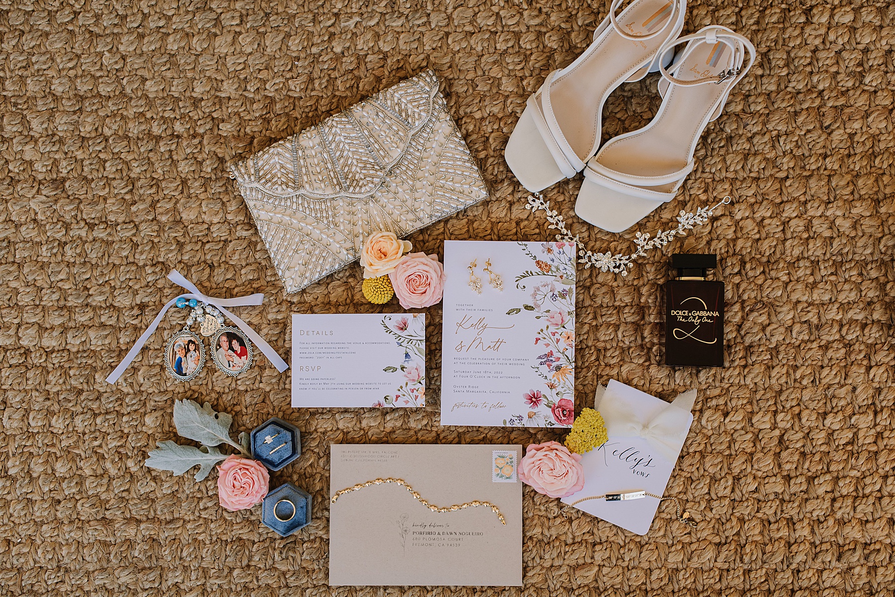 Wedding day details from a San Luis Obispo wedding including wedding heels, wedding invitations, and wedding jewelry.