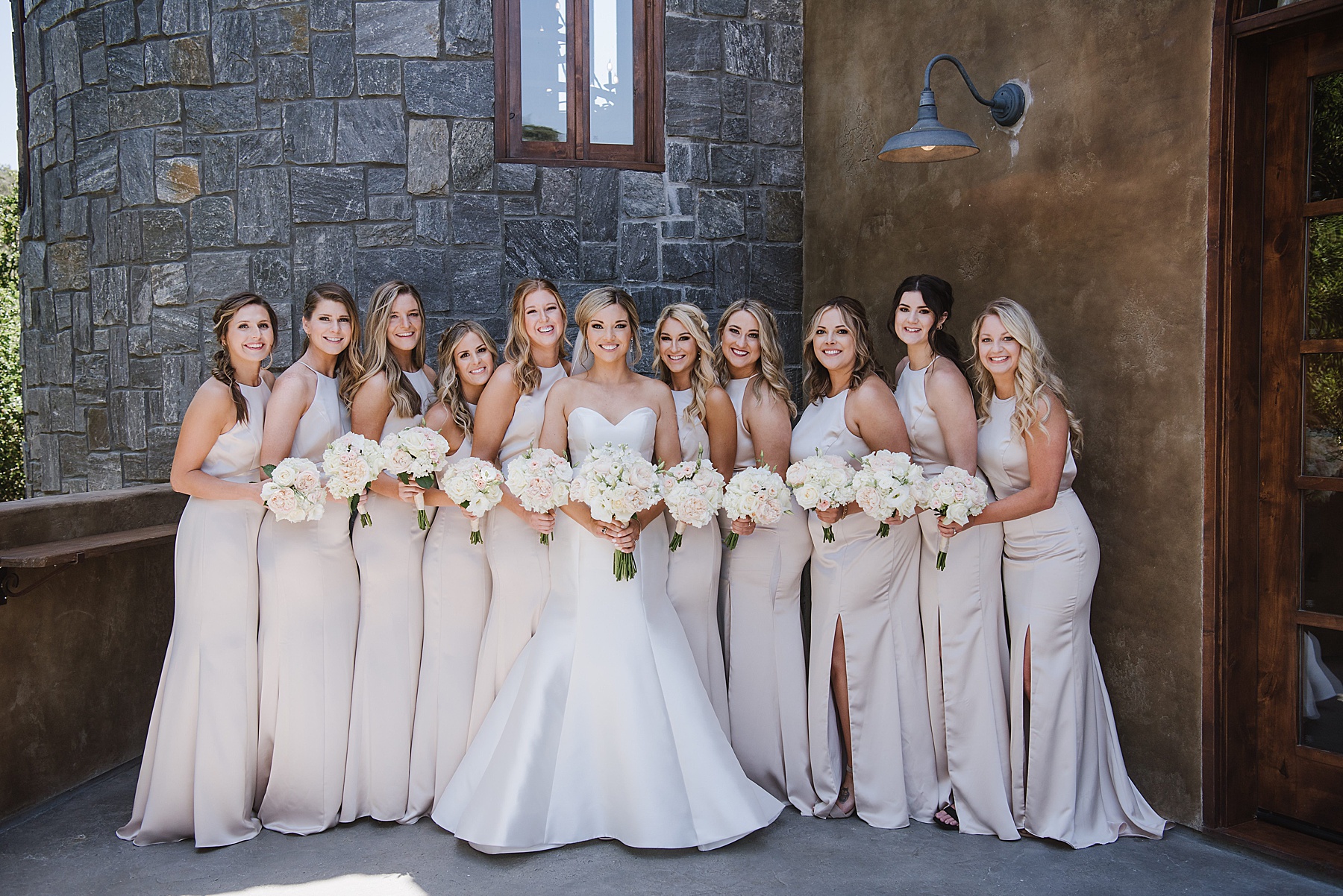 Bridesmaids smiling with California bride at Villa Loriana, a Italian-Inspired Wedding Venue.