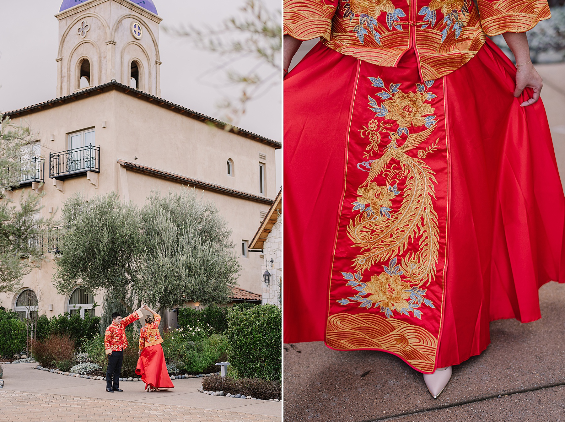 Man twirls woman wearing their traditional heritage attire for thier SLO  engagement photos