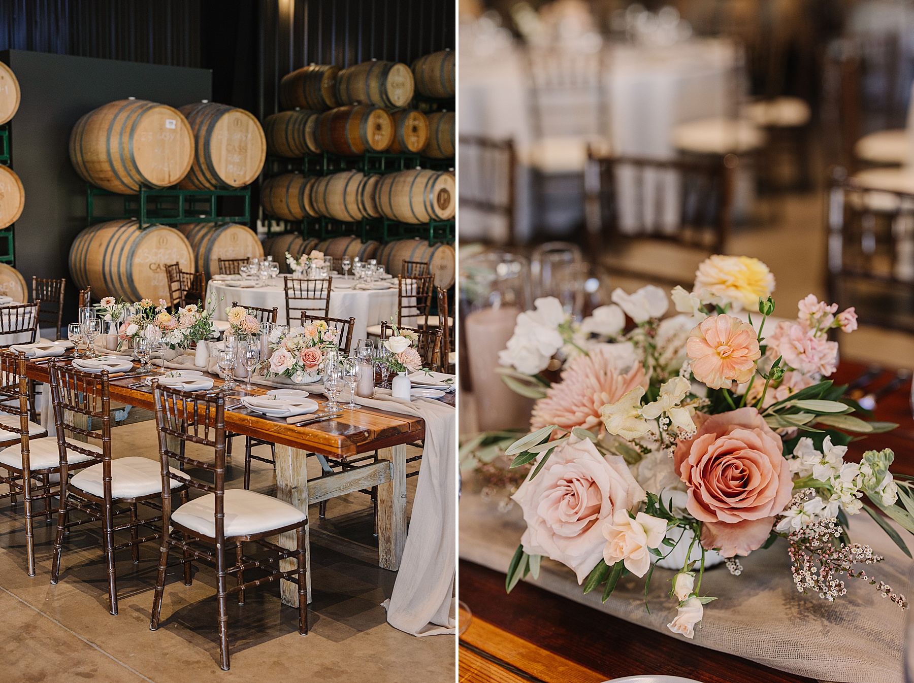 Close-up and wide-angle views of a wedding reception table inside the barrel room at Cass Winery in Paso Robles. The rustic wooden table is set with neutral linens, glassware, and elegant floral arrangements featuring soft pink and peach blooms, complemented by greenery. Stacked wine barrels in the background create a cozy, intimate atmosphere for the celebration.