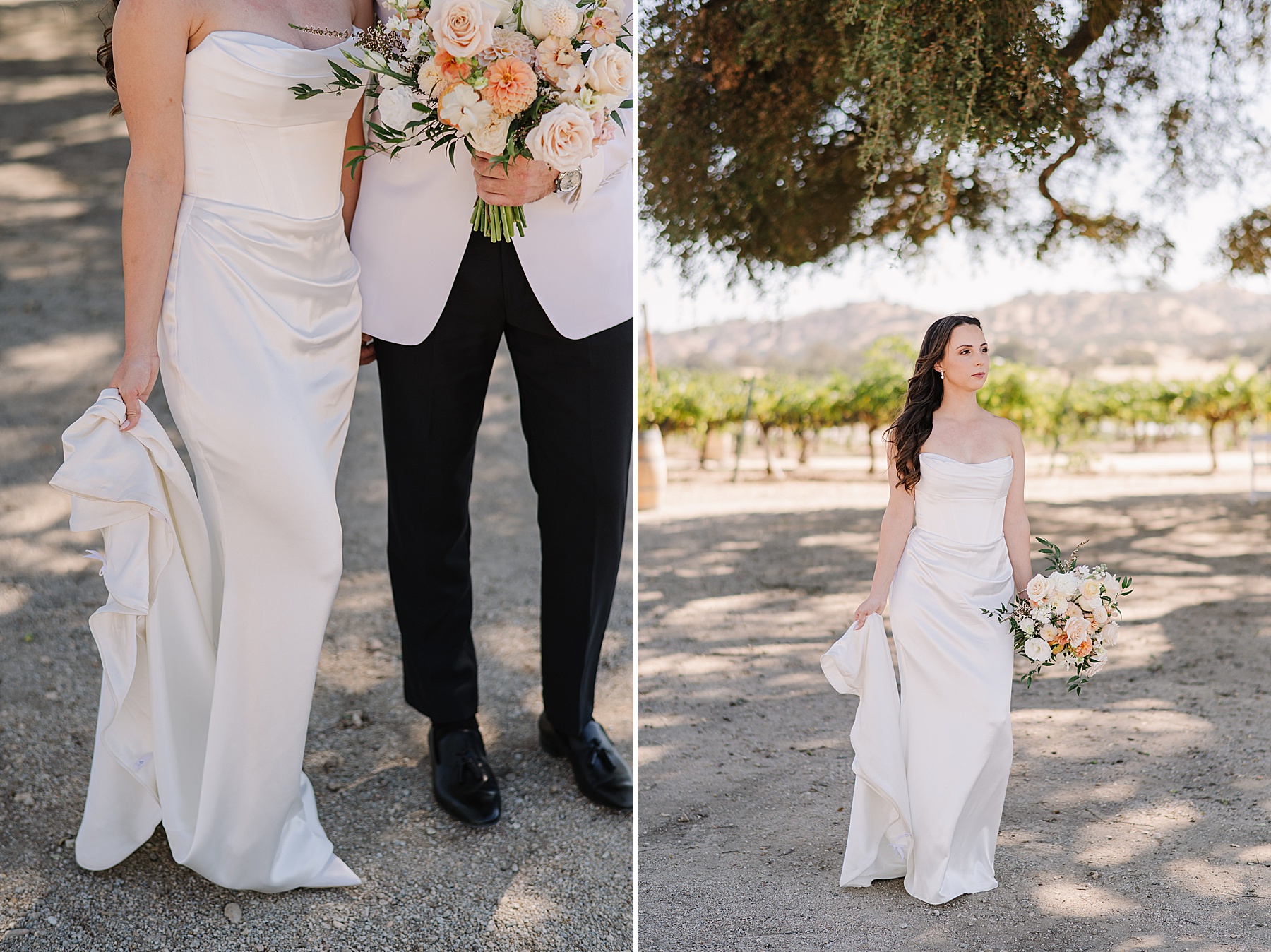 Bridal portrait showing the bride in a strapless white gown holding her bouquet of soft peach and cream flowers. In one photo, she walks confidently while holding up her dress, and in the other, she stands beside her groom, who is holding the bouquet. The vineyard at Cass Winery in Paso Robles serves as the scenic backdrop.