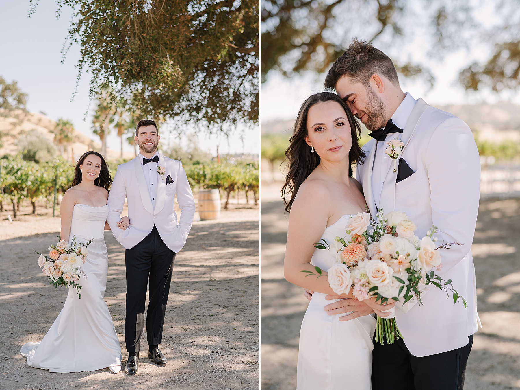 Wedding couple standing together outdoors at Cass Winery in Paso Robles, California. The groom is wearing a white tuxedo jacket, and the bride is in a strapless white gown, holding a bouquet of soft-toned flowers. The couple smiles under the shade of a large tree, with vineyards and a rustic landscape in the background.