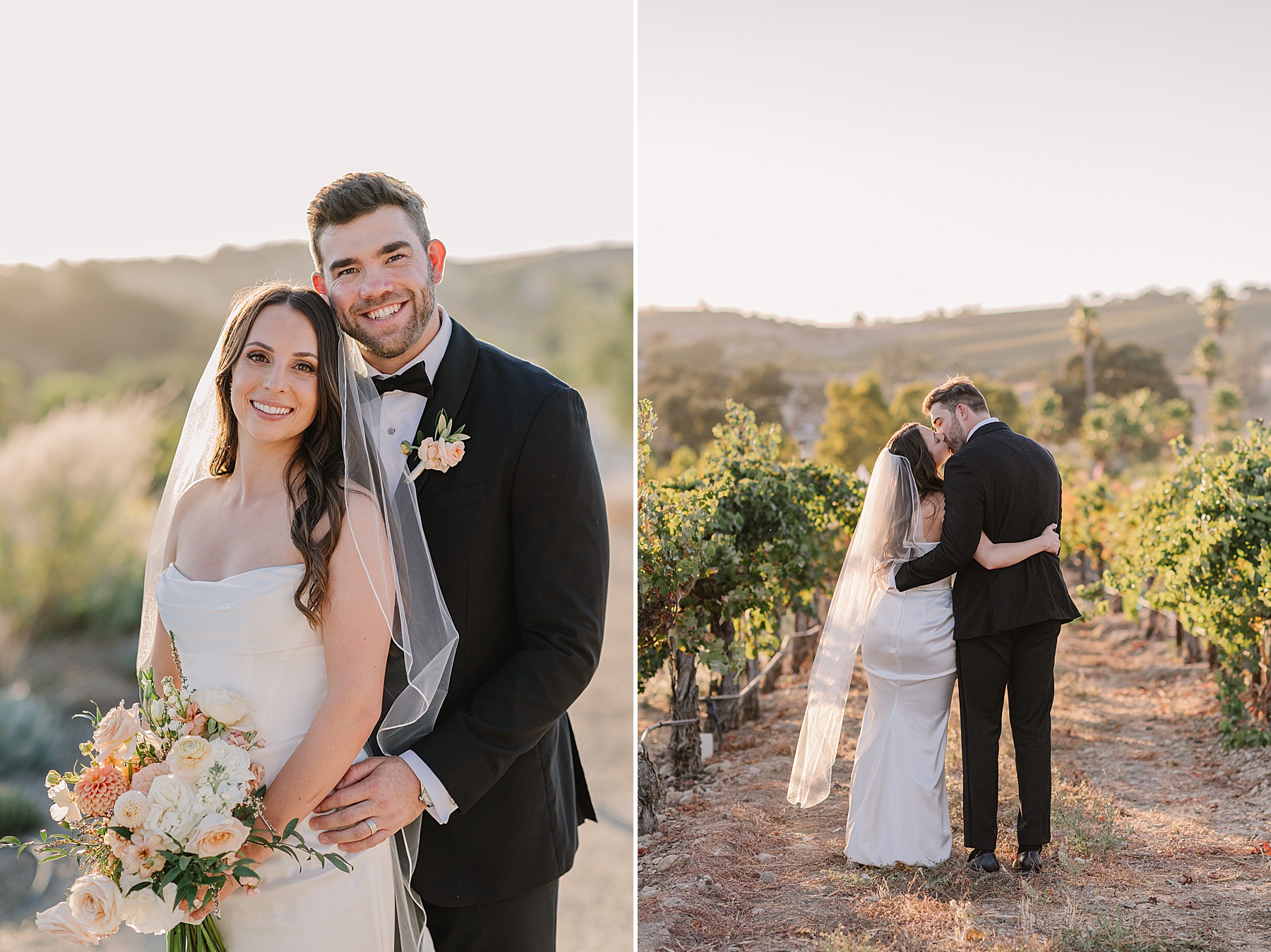 Newlywed couple posing in the vineyard at Cass Winery in Paso Robles during golden hour. The bride, holding a bouquet of soft-toned flowers, smiles while standing in front of the groom. In the second photo, the couple shares an intimate moment as they embrace, walking through the vineyard rows with the sun setting behind them.