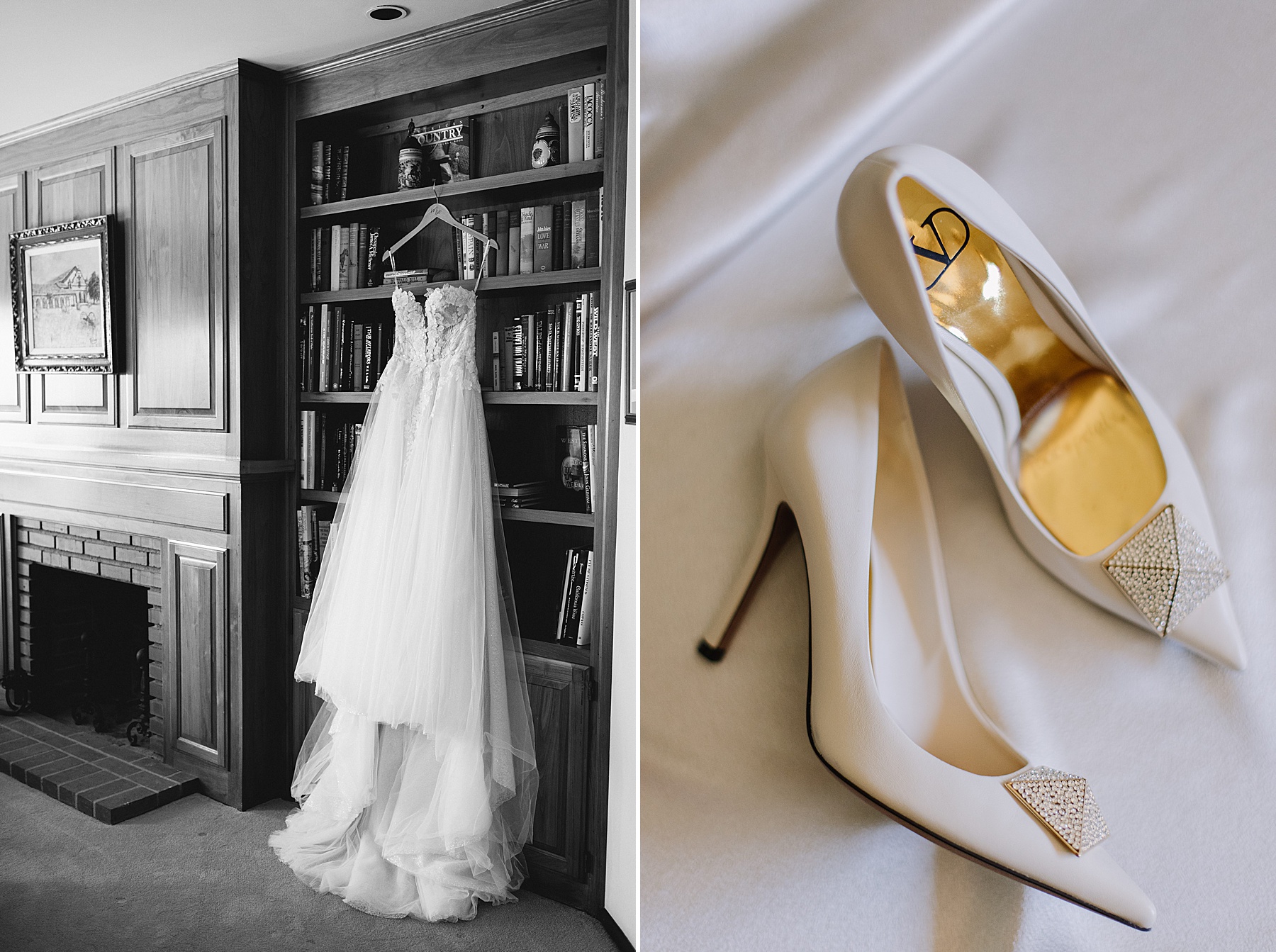 Elegant bridal details at Foxen Canyon Ranch, featuring a lace wedding gown hanging against a classic wood-paneled library and sparkling designer heels with crystal embellishments.