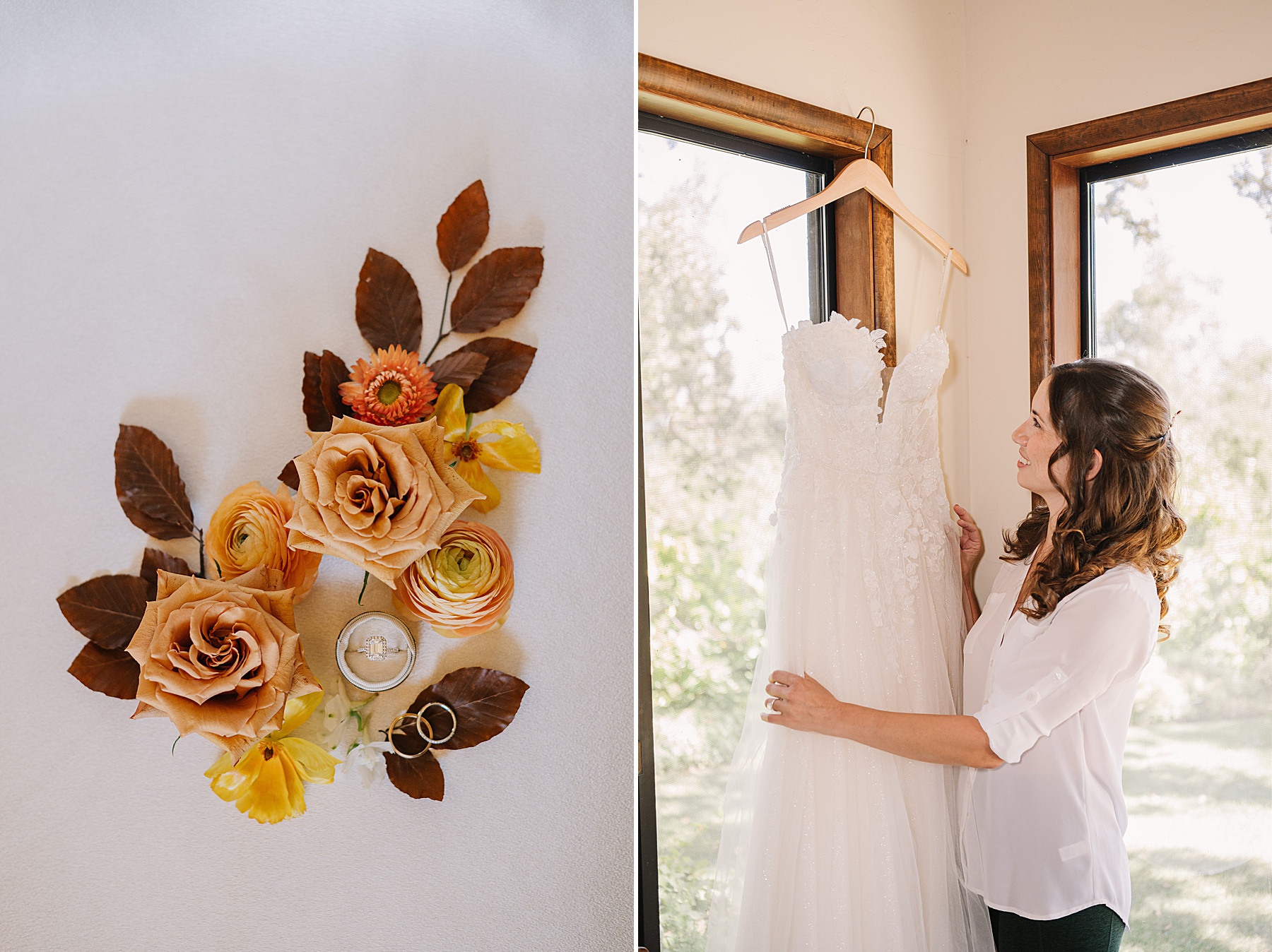 Romantic bridal details at Foxen Canyon Ranch, showcasing gold and amber-toned floral arrangements with wedding rings, alongside a bride admiring her lace gown in a sunlit room.