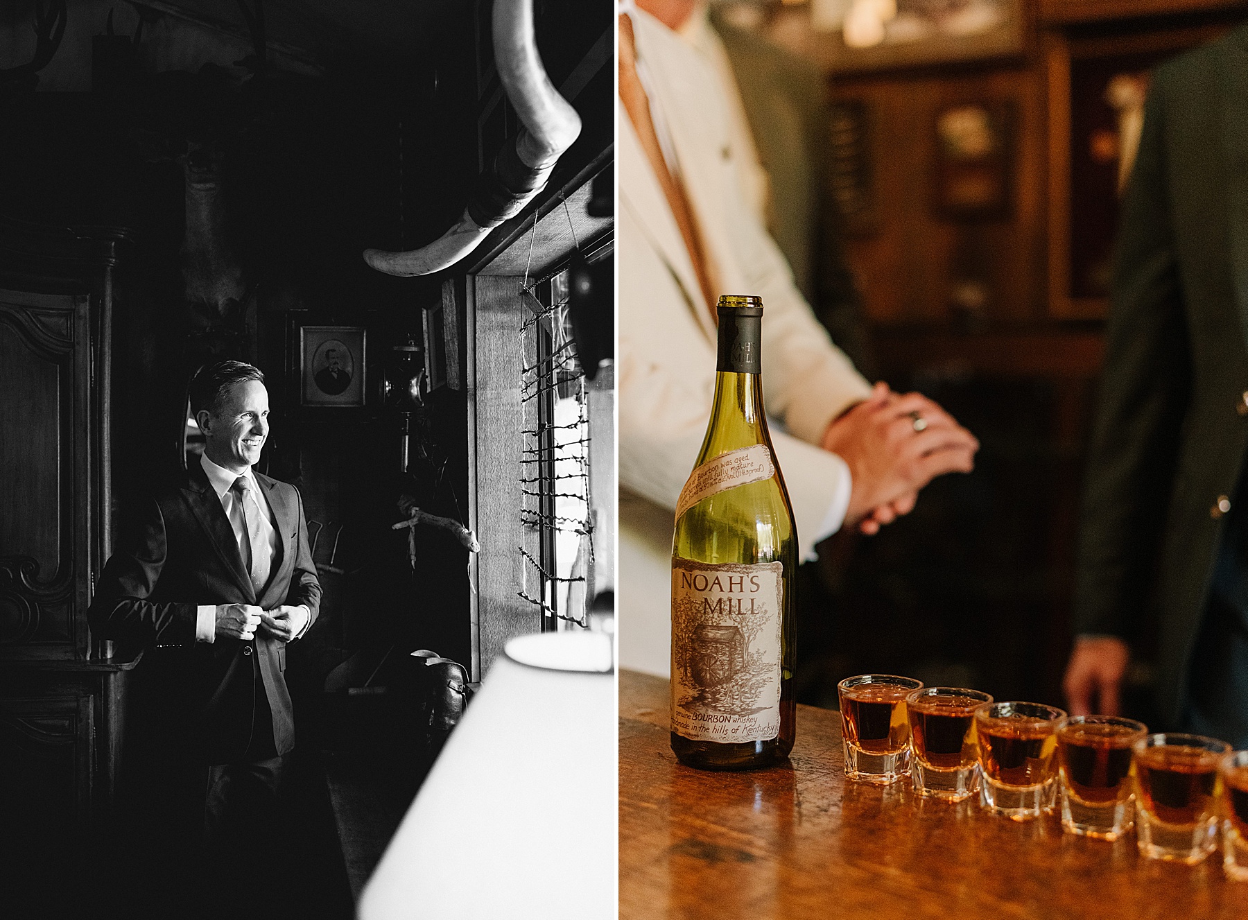 Classic groom preparation at Foxen Canyon Ranch, featuring a groom adjusting his suit in a rustic, moody room alongside a celebratory bourbon toast with Noah’s Mill whiskey.