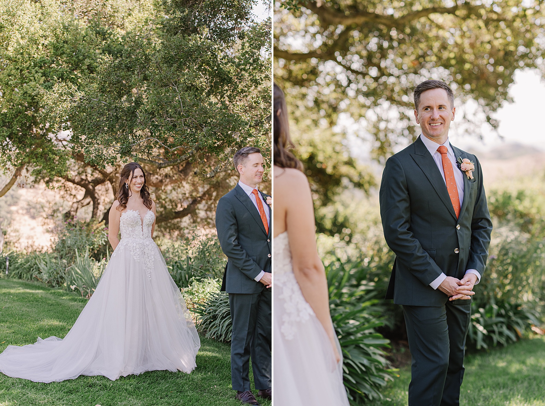 Joyful first look at Foxen Canyon Ranch, with the bride in a stunning lace gown and the groom in a classic suit, surrounded by vibrant greenery and natural beauty.