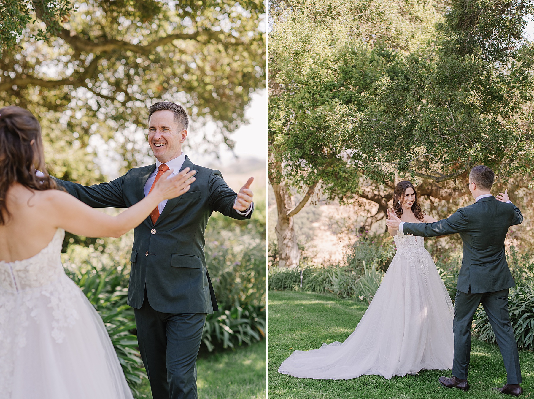 Heartwarming first look at Foxen Canyon Ranch, as the groom opens his arms with joy and the bride beams with excitement, surrounded by lush greenery and serene natural beauty.