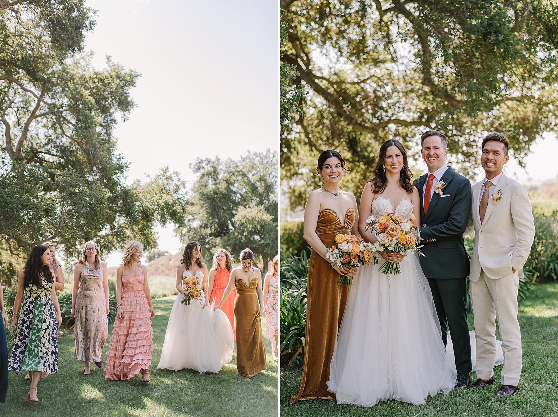 Charming bridal party moments at Foxen Canyon Ranch, featuring the bride and her bridesmaids in colorful, elegant dresses walking under oak trees, alongside a joyful portrait with the couple and their closest friends.