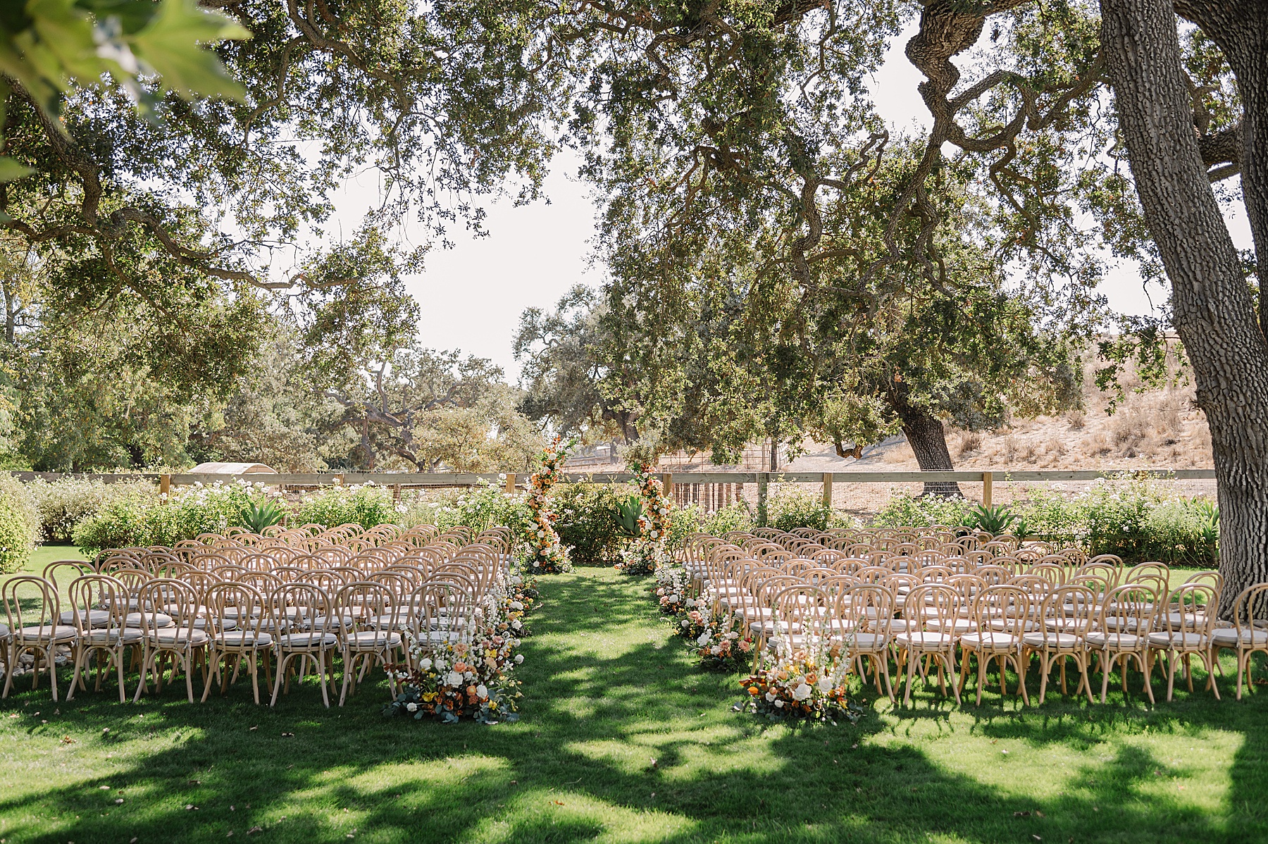 Outdoor wedding ceremony setup under ancient oak trees at Foxen Canyon Ranch, featuring wooden chairs, vibrant floral arrangements, and a lush green lawn in the Santa Ynez Valley