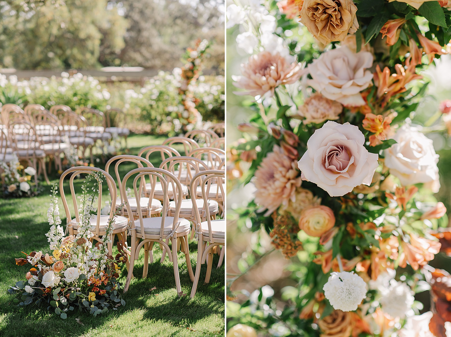 Stunning ceremony details at Foxen Canyon Ranch, featuring natural wood chairs and lush floral arrangements in soft blush and amber tones, creating a romantic and elegant outdoor setting.