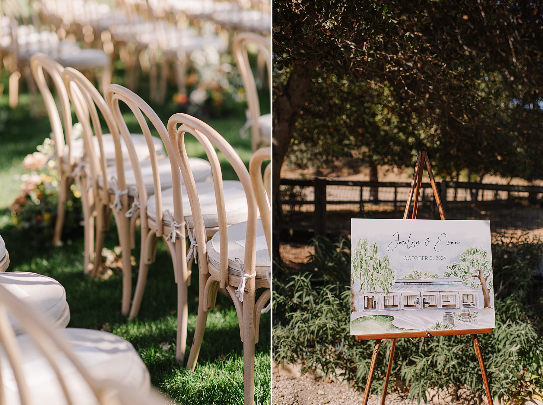 Thoughtful ceremony details at Foxen Canyon Ranch, featuring elegant natural wood chairs with plush cushions and a personalized hand-painted welcome sign displayed on an easel under the shade of oak trees.