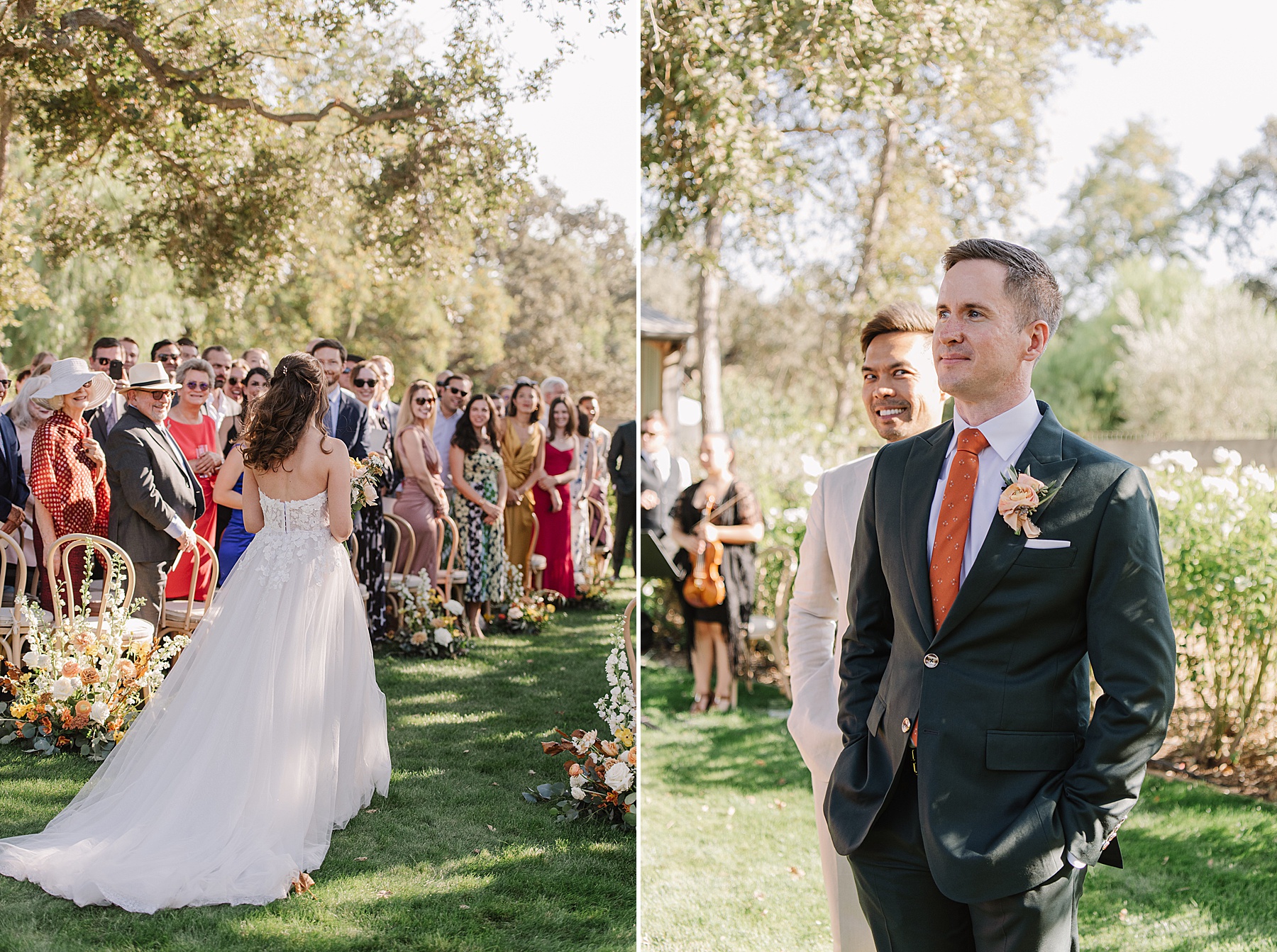 Emotional ceremony moments at Foxen Canyon Ranch, featuring the bride walking down the aisle lined with floral arrangements, while the groom waits with anticipation surrounded by sunlight and smiling guests.