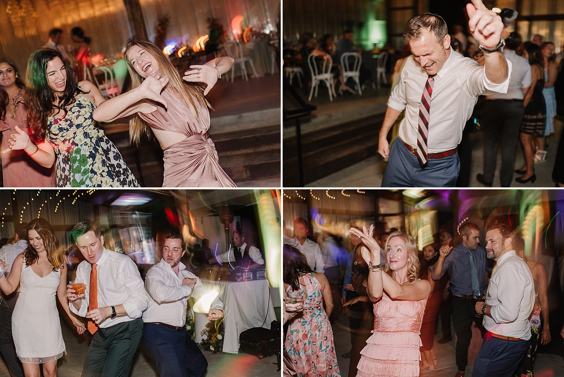 Vibrant reception celebrations at Foxen Canyon Ranch, with guests dancing and enjoying the lively atmosphere under twinkling lights and colorful decor.