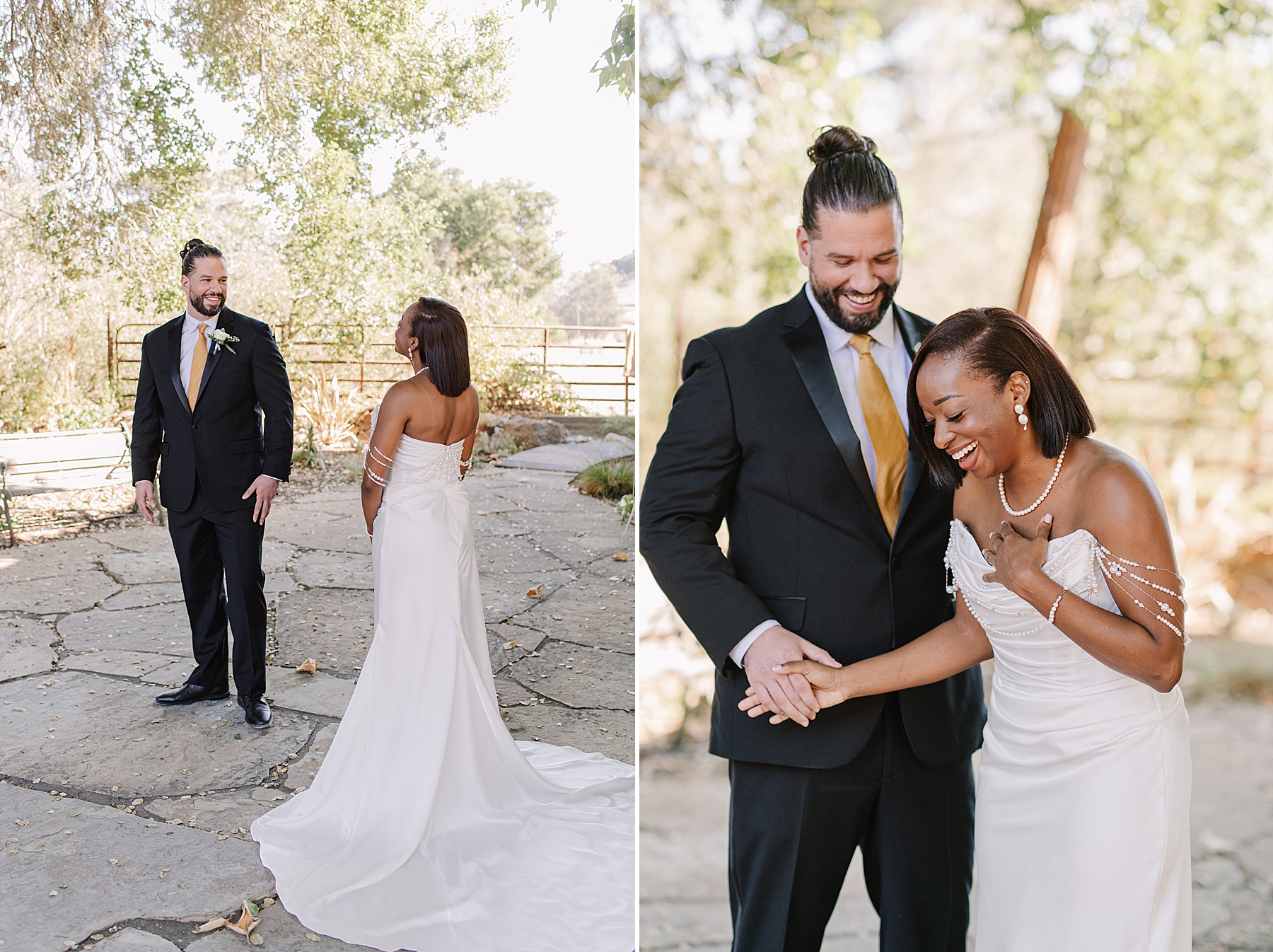 Joyful first look at Harmony California wedding venue, capturing the couple’s laughter and heartfelt connection surrounded by the rustic beauty of the Central Coast.