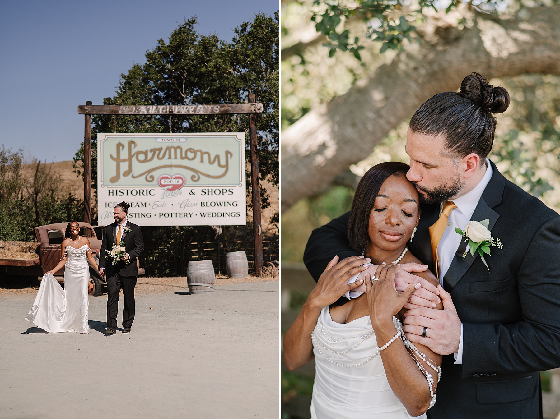 Newlyweds embrace the charm of Harmony, California, with romantic portraits under the iconic town sign and in the serene natural surroundings.