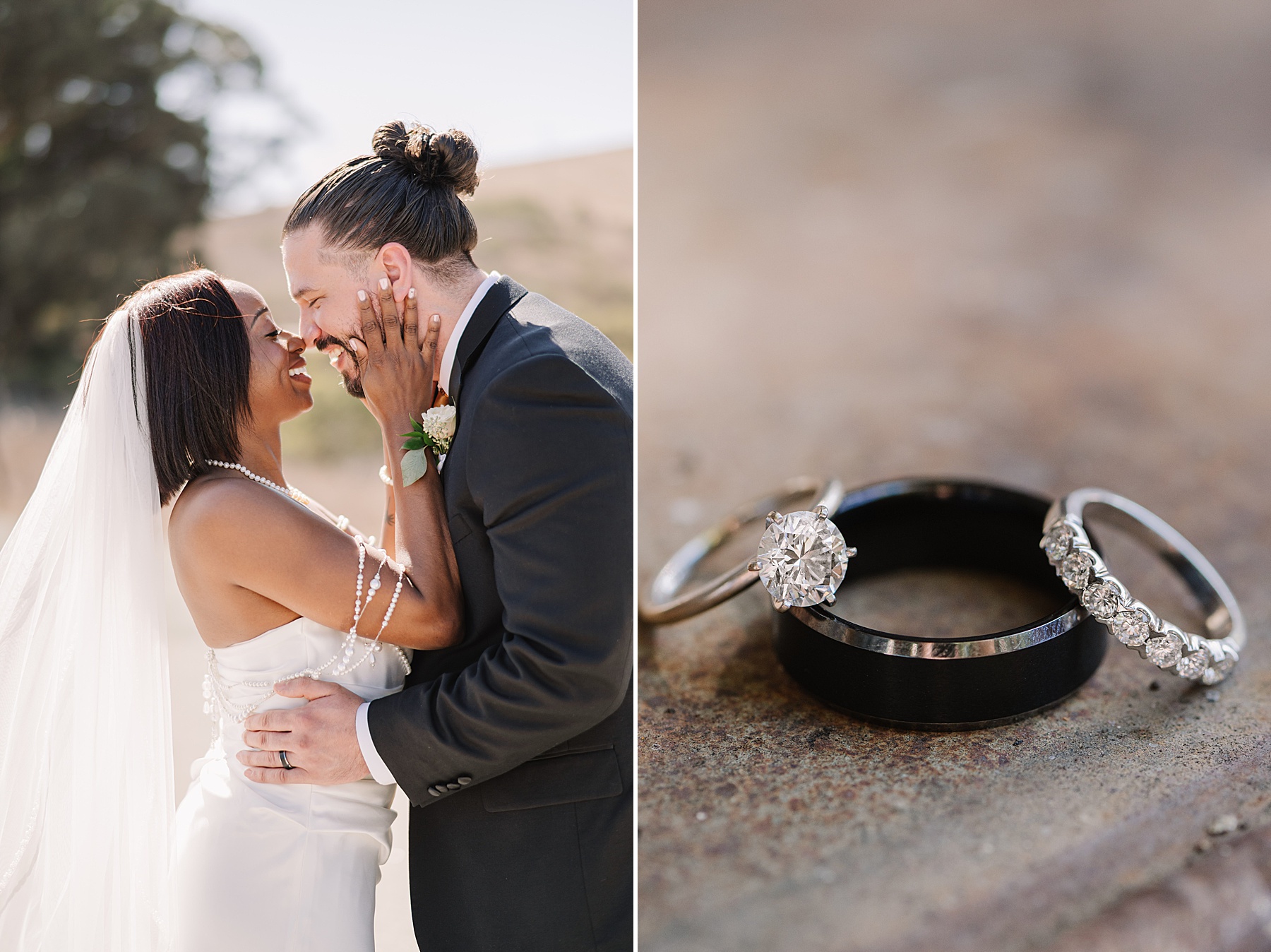 Joyful bride and groom share a loving moment outdoors, while their stunning wedding rings shine as a symbol of their commitment.