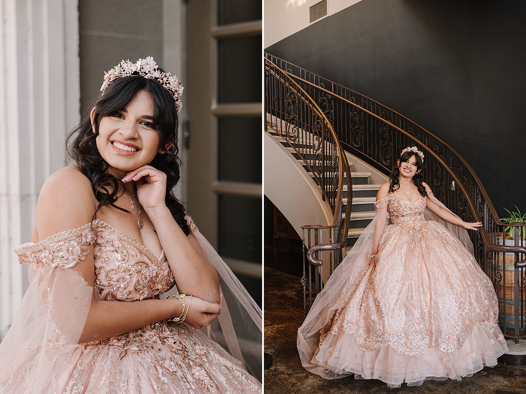 Mary Luz radiates elegance in her blush gown and crown at her Tooth + Nail Winery Quinceañera celebration.