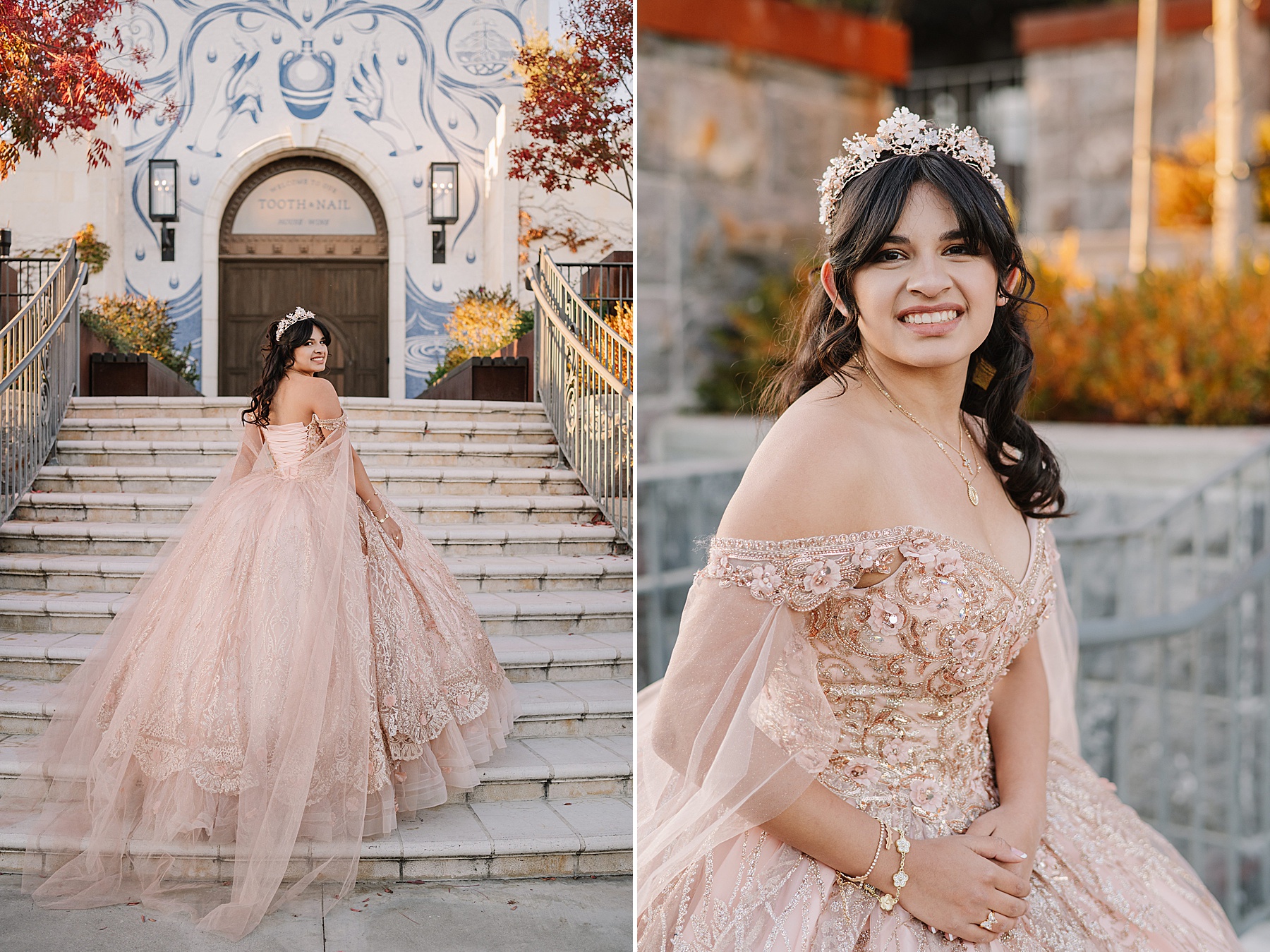 Mary Luz radiates elegance in her blush gown and crown at her Tooth + Nail Winery Quinceañera celebration.