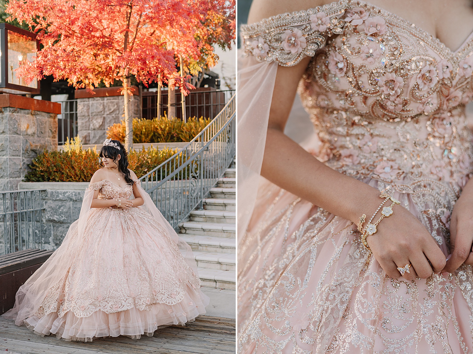 Mary Luz radiates elegance in her blush gown and crown at her Tooth + Nail Winery Quinceañera celebration.