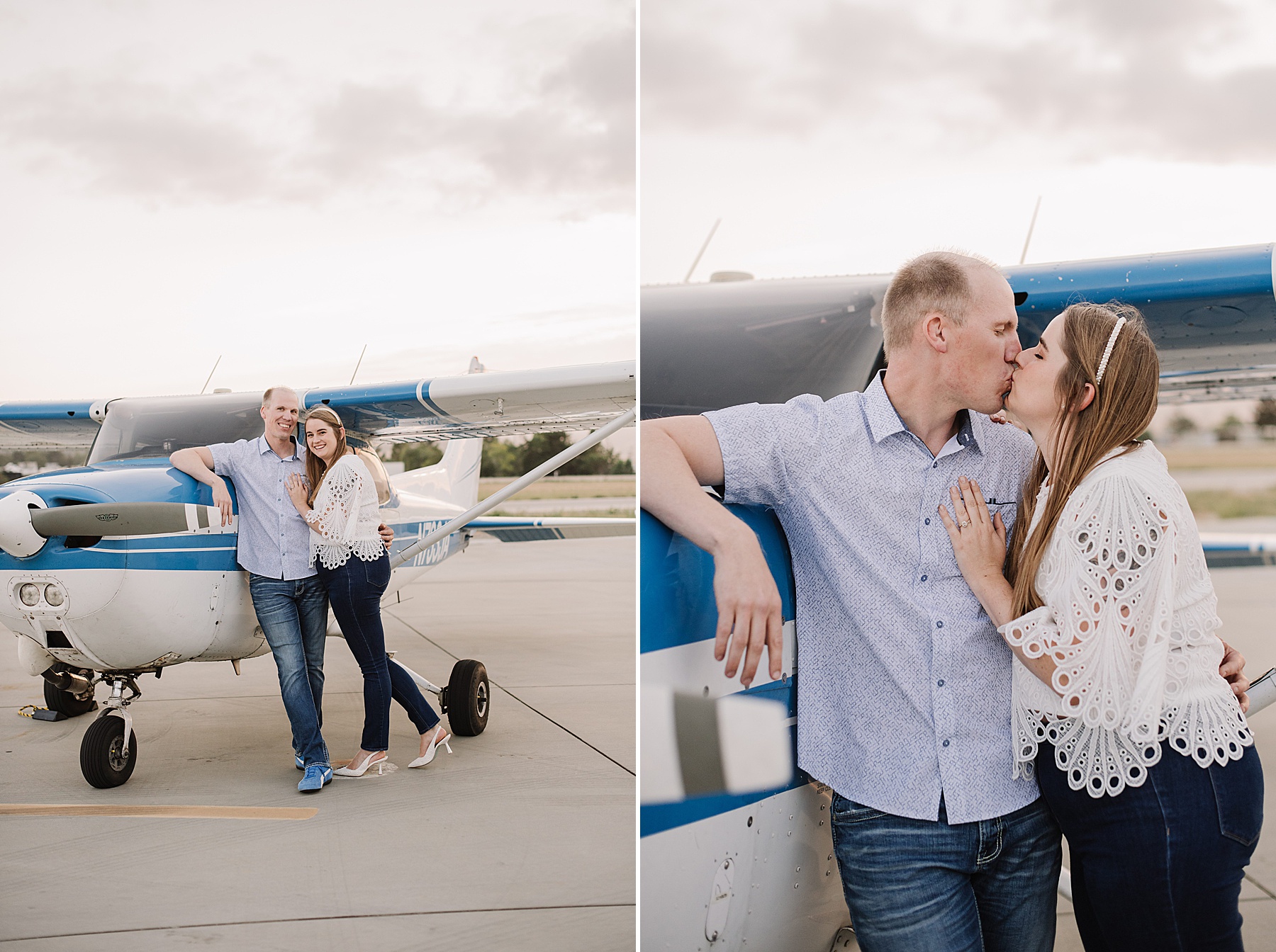 Couple leaning against a commuter plane and sharing a kiss during their SLO engagement session at the San Luis Obispo airport