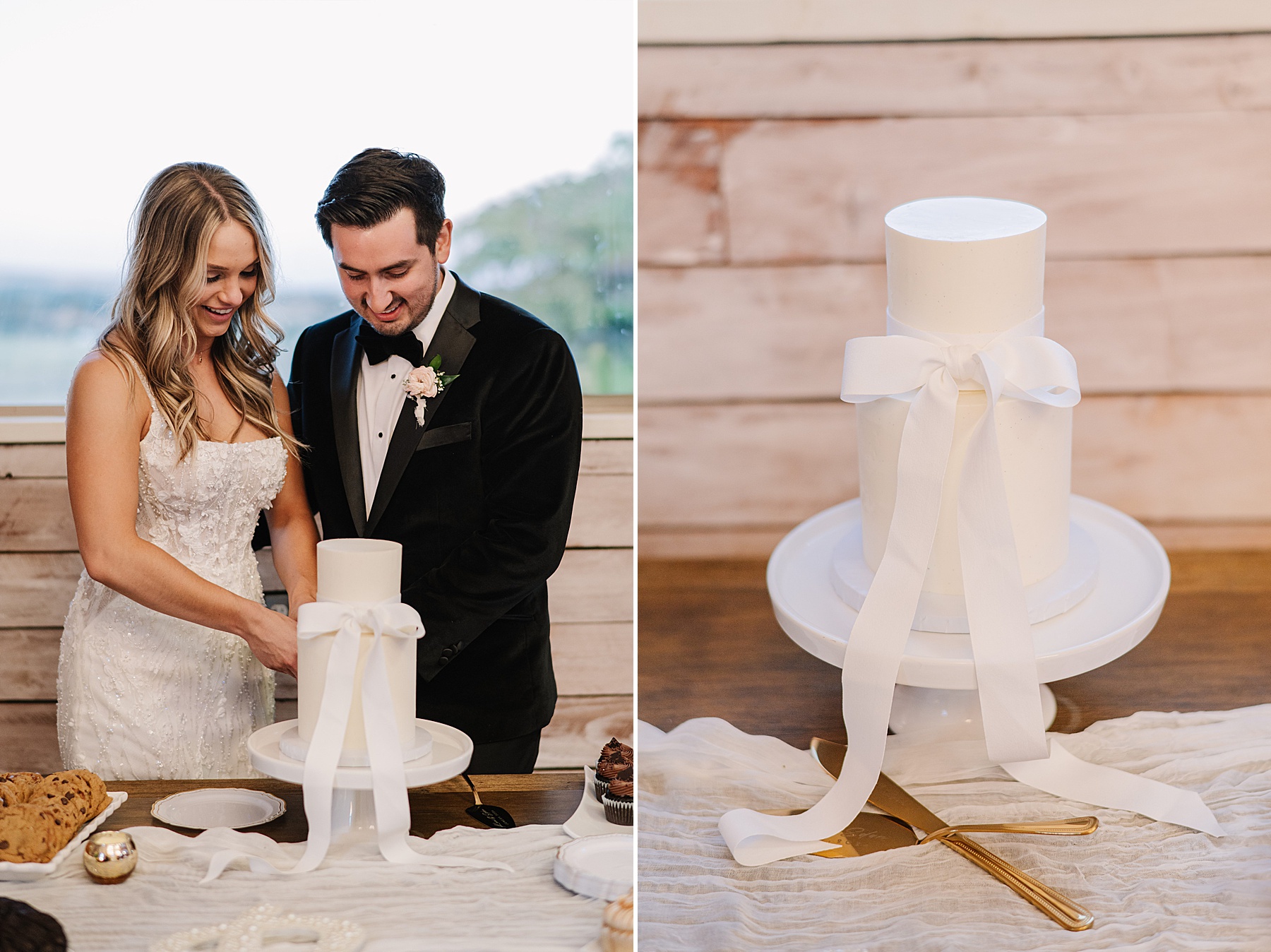 A bride and groom share a joyful moment cutting their minimalist two-tier wedding cake adorned with a chic white ribbon. This elegant design embodies 2025 wedding trends, showcasing simplicity, refined details, and understated luxury.