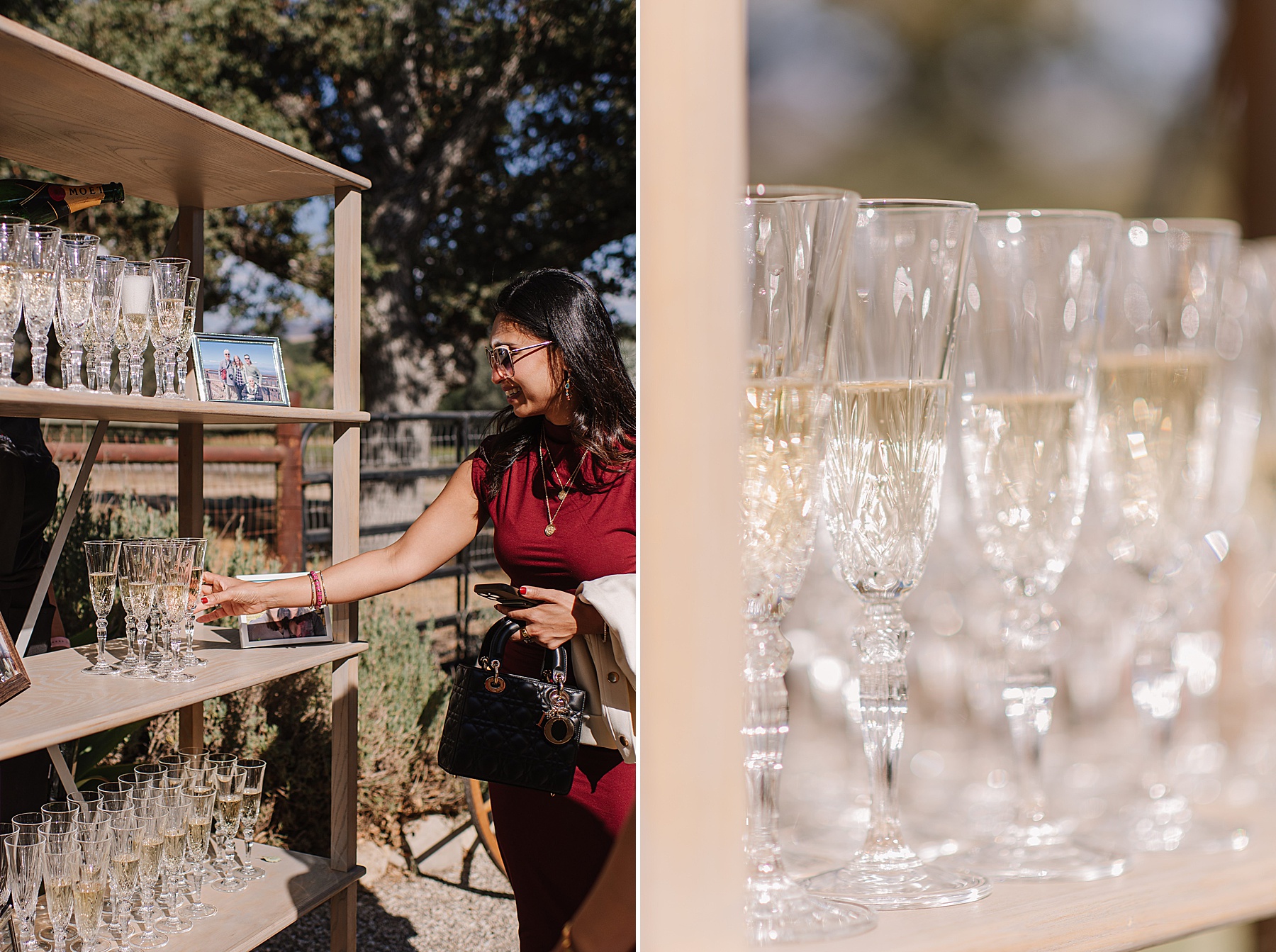 Guest selecting champagne from an elegant welcome drink display at a stylish outdoor wedding, a trending idea for 2025 weddings.