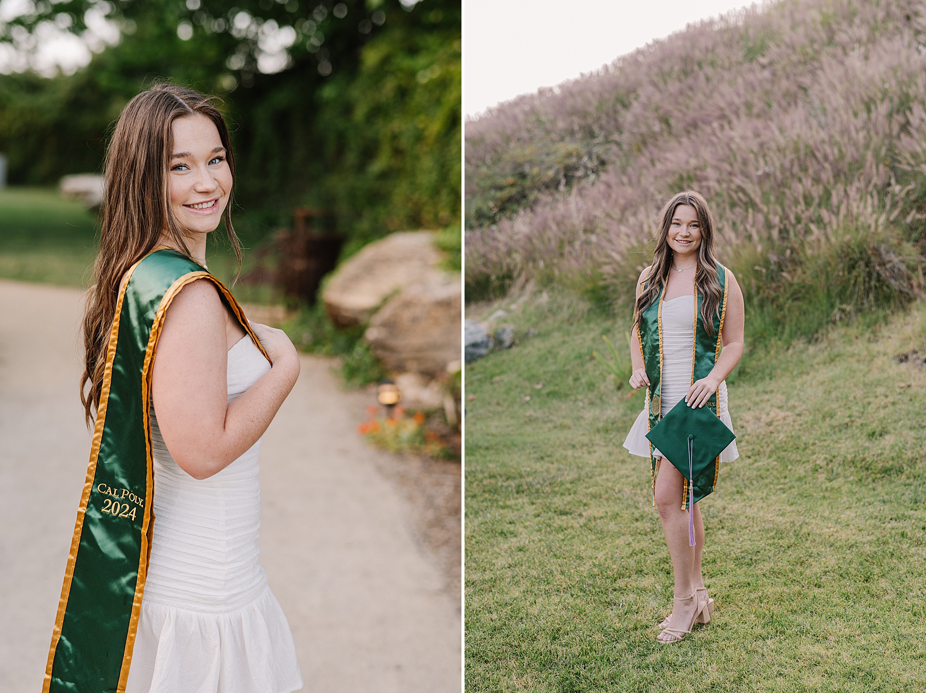 Two beautiful Cal Poly senior photos featuring a graduate in a white dress and green and gold stole. On the left, she smiles over her shoulder while walking along a garden pathway. On the right, she stands in front of tall grasses, holding her graduation cap, celebrating her upcoming milestone.