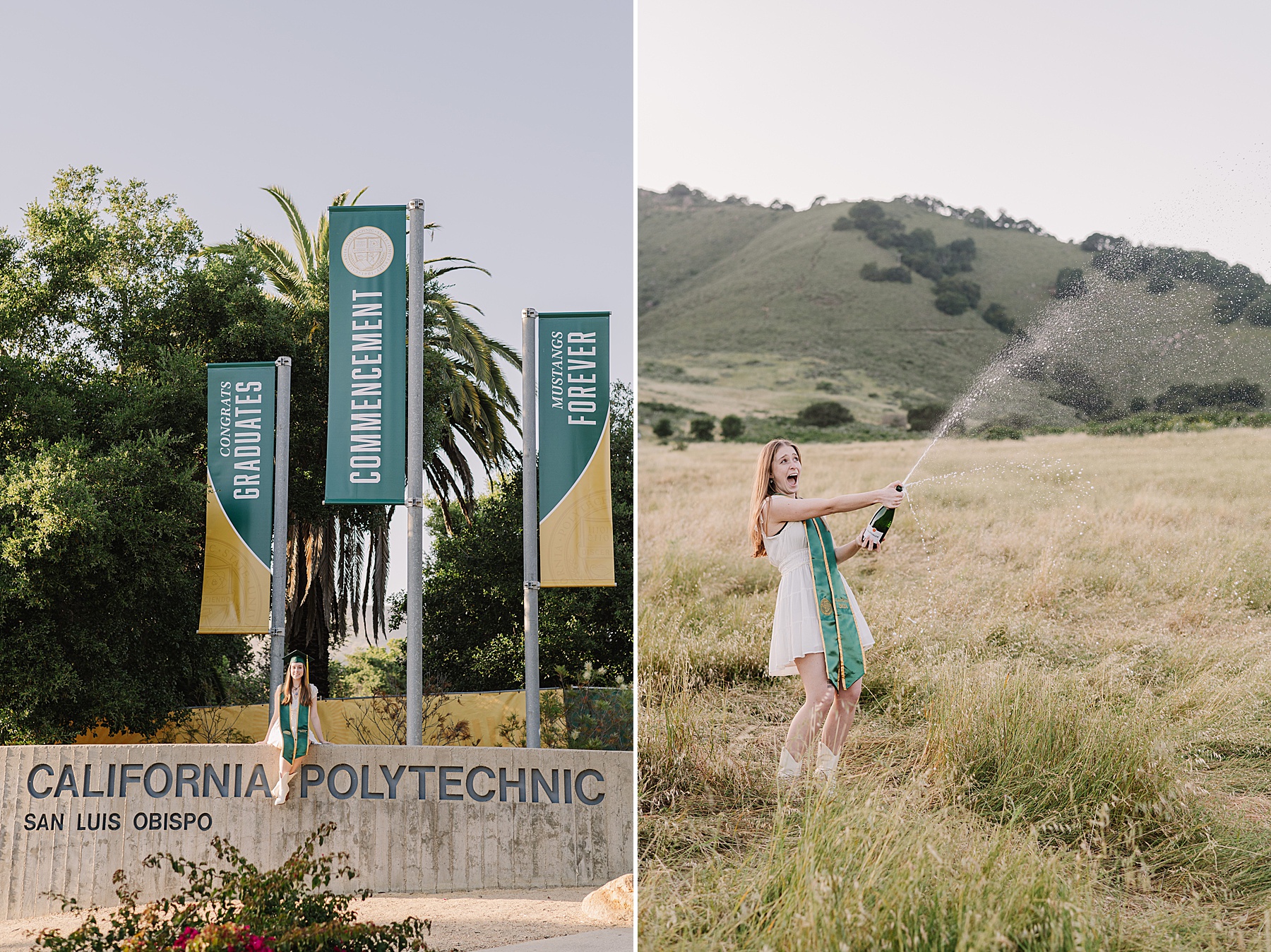 Two celebratory moments from a Cal Poly senior photos session: on the left, a graduate in a cap and gown sits on the California Polytechnic State University sign with commencement banners overhead; on the right, she pops a champagne bottle in an open field with rolling hills in the background, embracing the excitement of graduation.