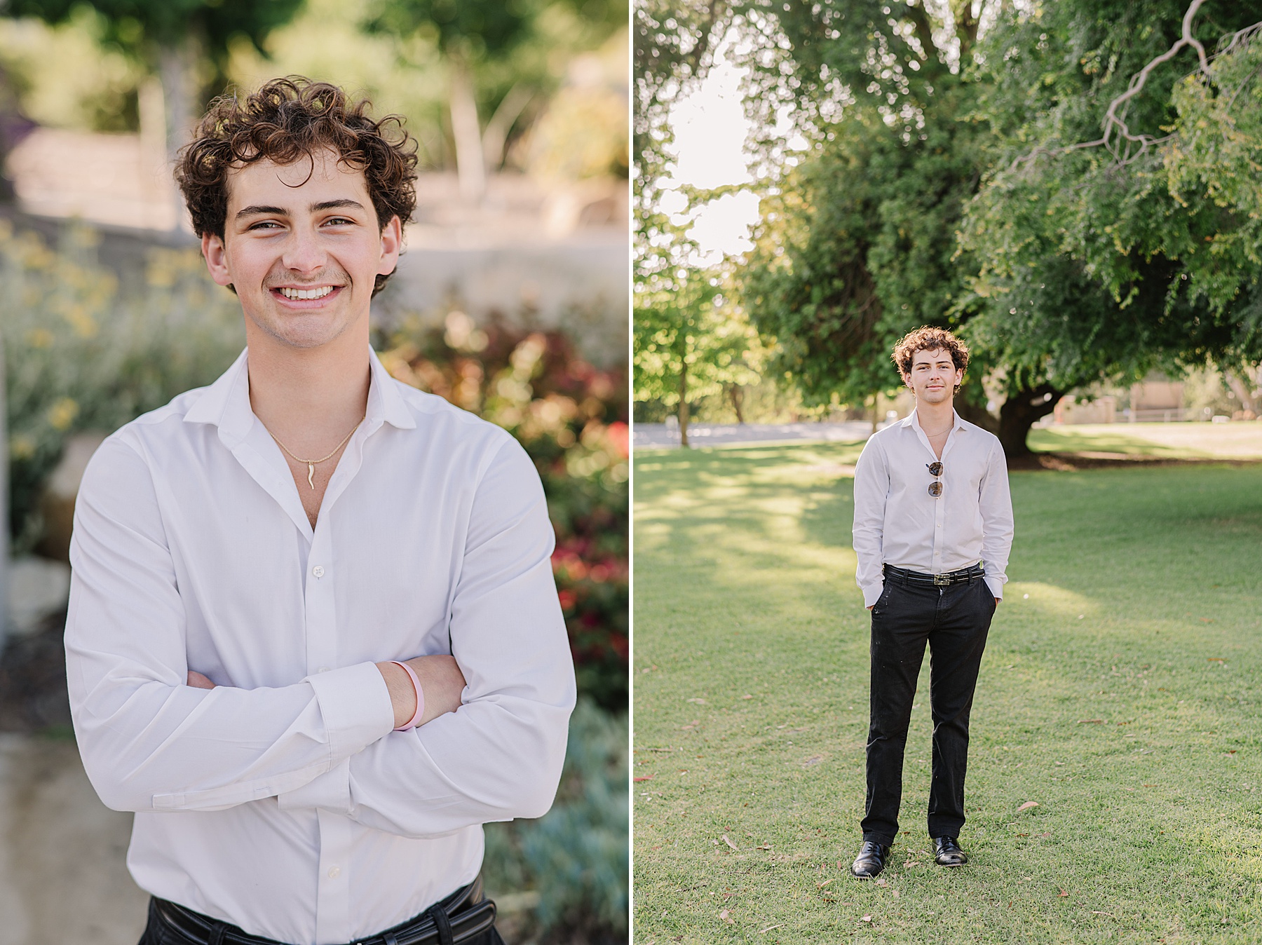 A graduate poses confidently during his Cal Poly senior photos session. On the left, he smiles with arms crossed against a colorful garden backdrop. On the right, he stands on a lush green lawn, hands in pockets, with sunglasses clipped to his white dress shirt, capturing a classic and timeless look.