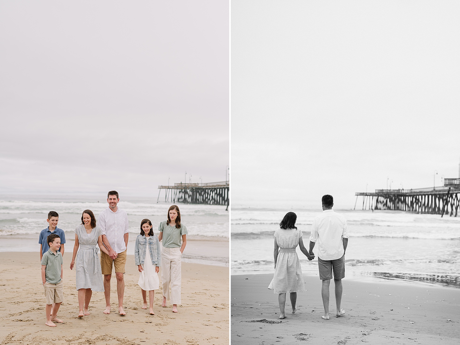 Family walking barefoot along the shoreline during their summer family photos in San Luis Obispo, with Pismo Beach Pier in the background and soft coastal skies overhead.