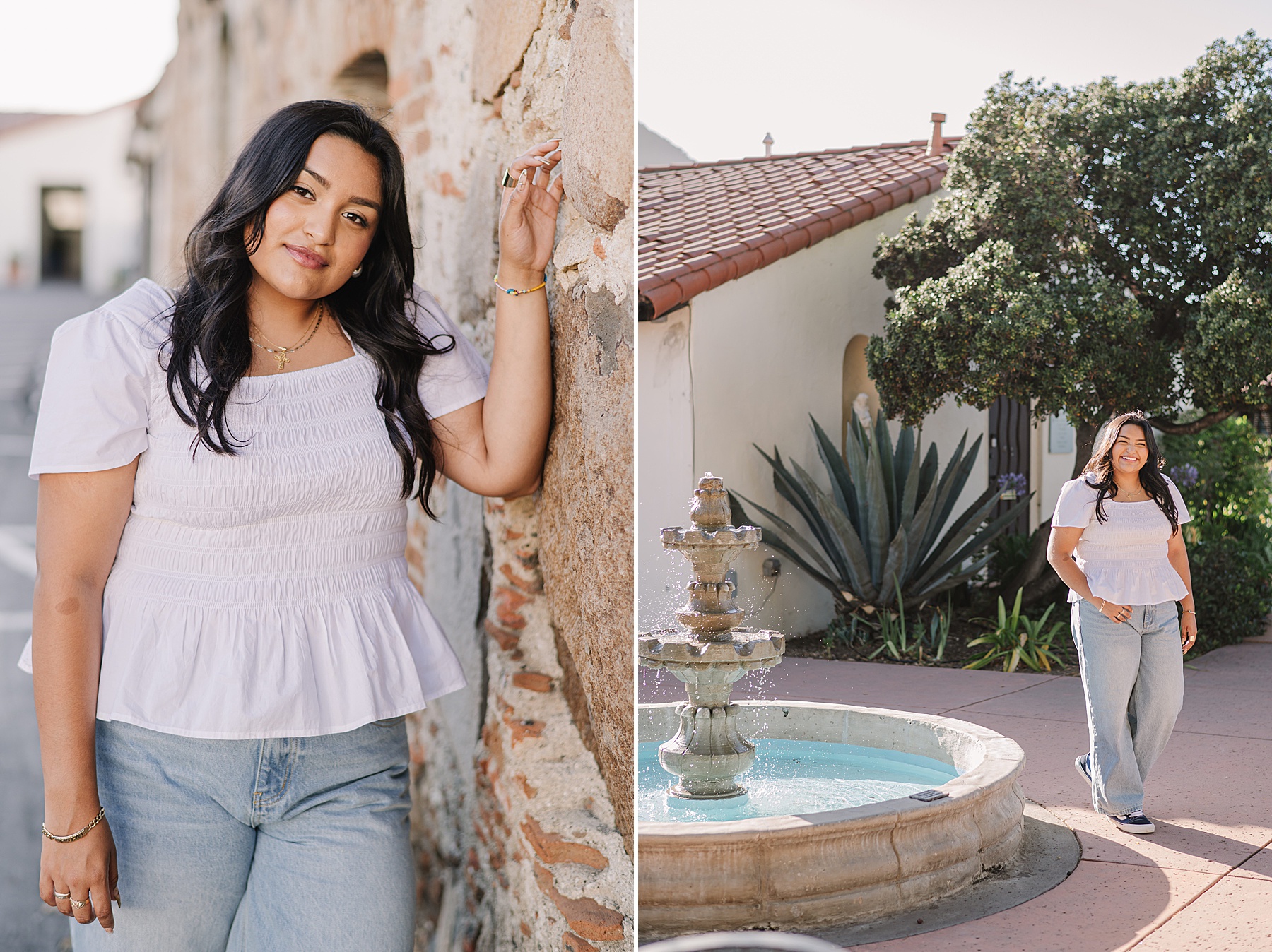 Senior girl walking past a Spanish-style fountain and adobe architecture in a sunlit Central Coast location, smiling and relaxed during her senior photo session.