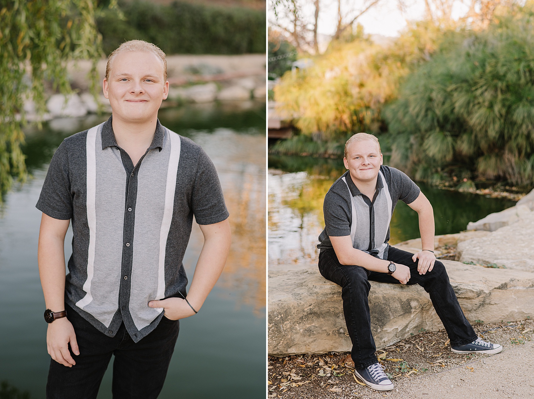 Senior boy sitting casually on a rock beside the water with greenery in the background at a natural Central Coast photo spot.