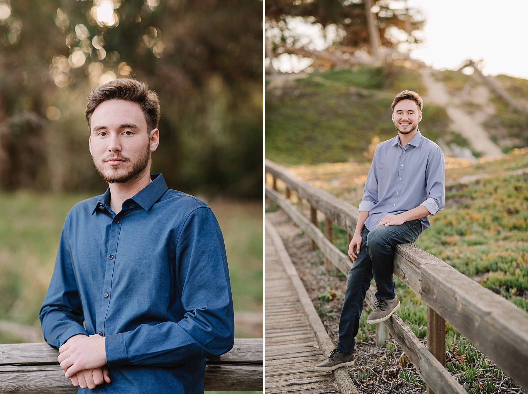 Senior boy smiling and sitting on a wooden boardwalk fence surrounded by greenery during golden hour.