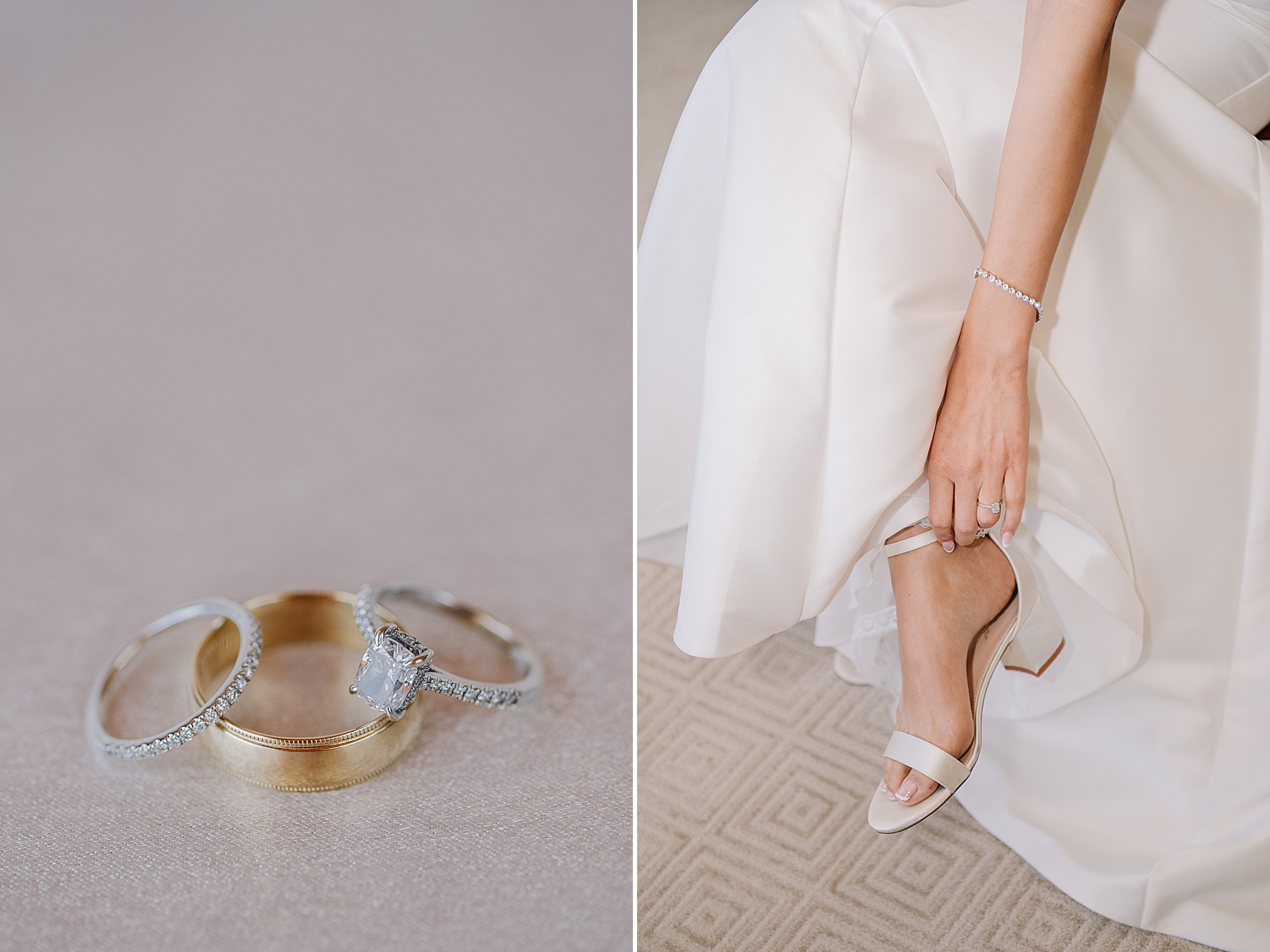 On the left, a close-up of three wedding rings: a gold band, a diamond engagement ring, and a diamond eternity band. On the right, a bride in a satin gown adjusts her ivory block-heel sandal, showing her delicate bracelet and engagement ring.