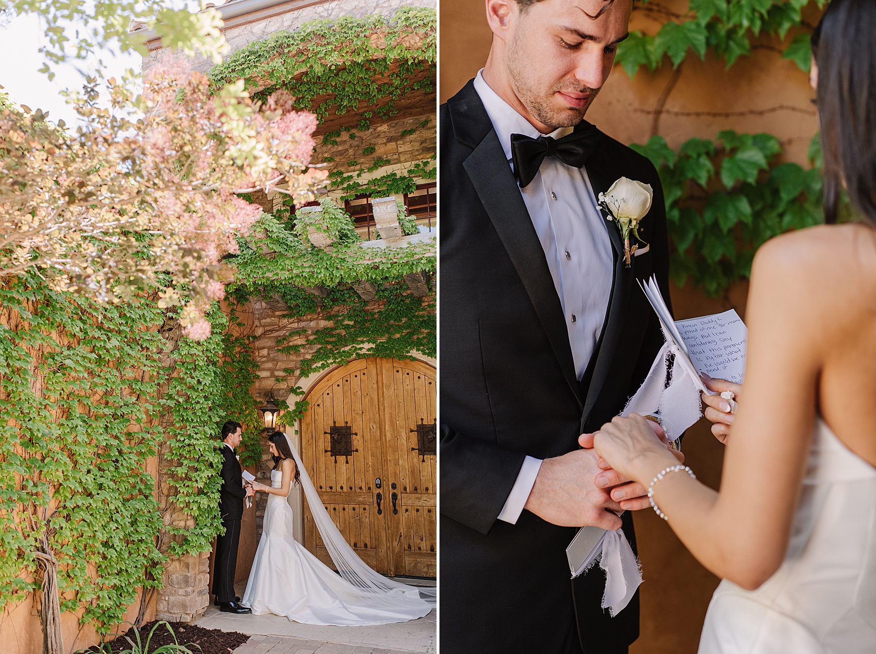 On the left, a bride and groom share a private vow reading outside a charming, ivy-covered villa with rustic wooden doors. On the right, a close-up captures the groom holding handwritten vows as the couple gently holds hands, surrounded by warm terracotta walls and greenery.