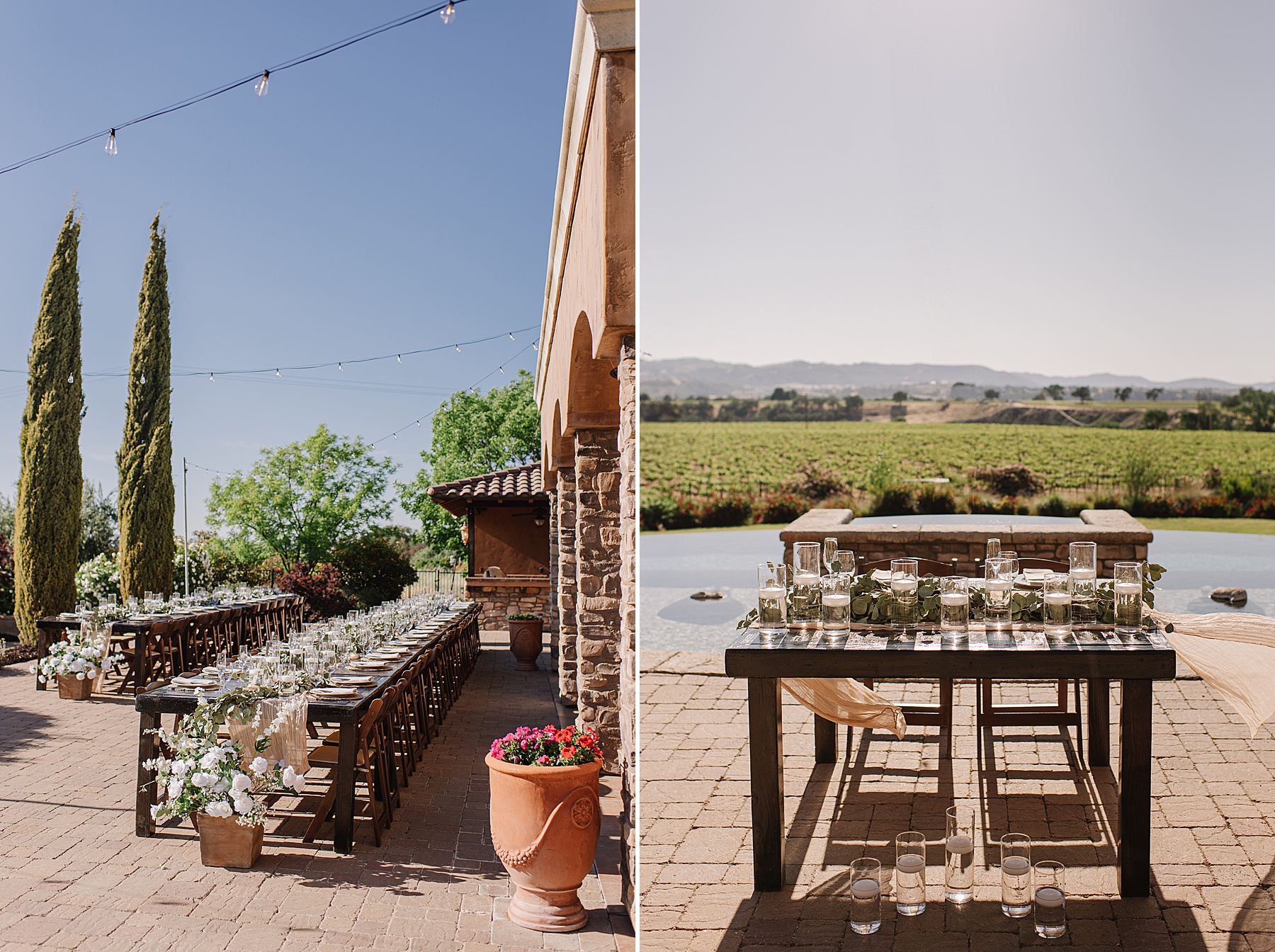 A sun-drenched outdoor wedding reception at Mira Vista Estate showcasing rustic wooden tables set for dinner, soft neutral linens, white floral arrangements, and sweeping vineyard views in the distance.