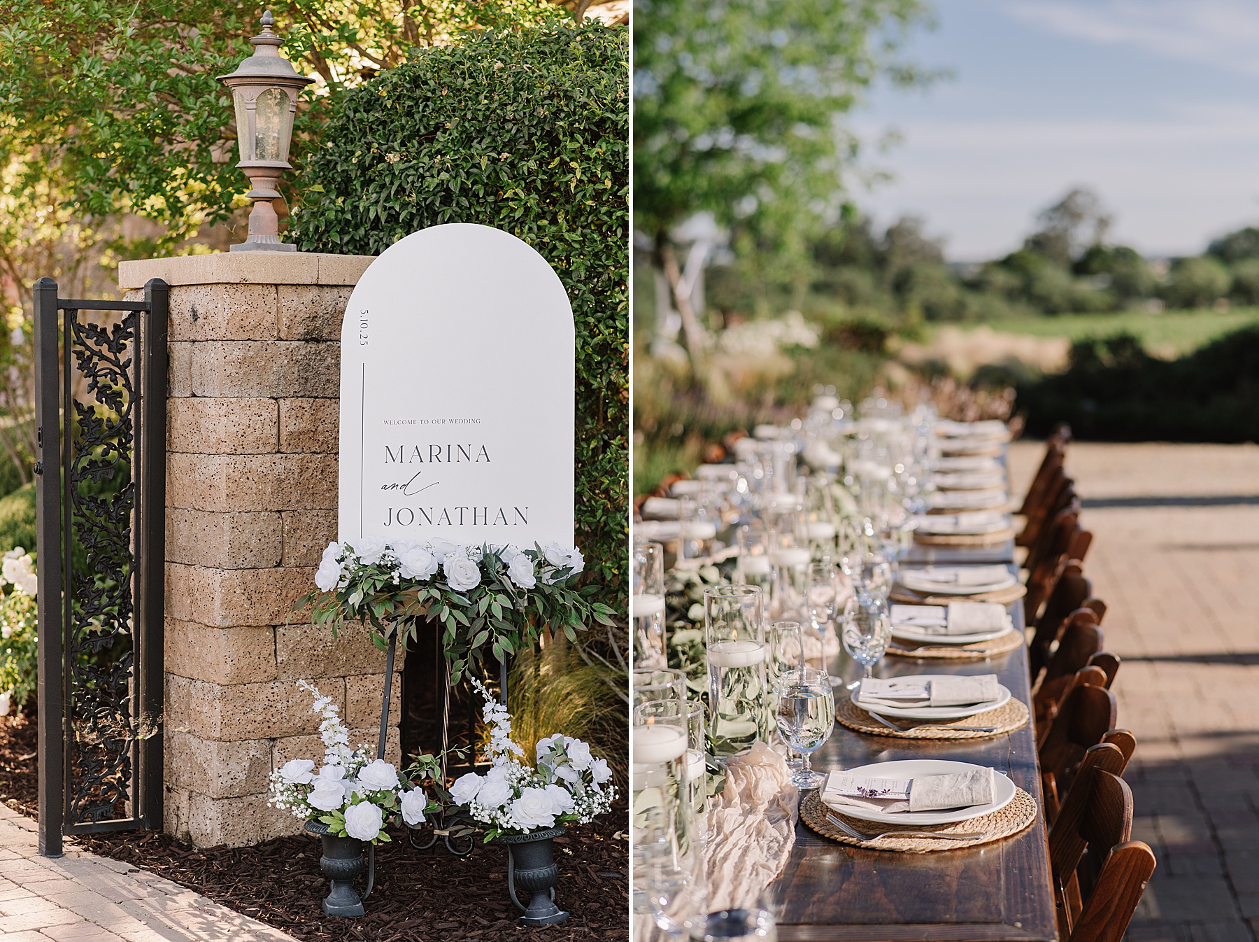 Wedding day details at Mira Vista Estate in Paso Robles, featuring a white welcome sign for Marina and Jonathan adorned with white roses, and an elegant outdoor reception table set with woven chargers, floating candles, and soft greenery.