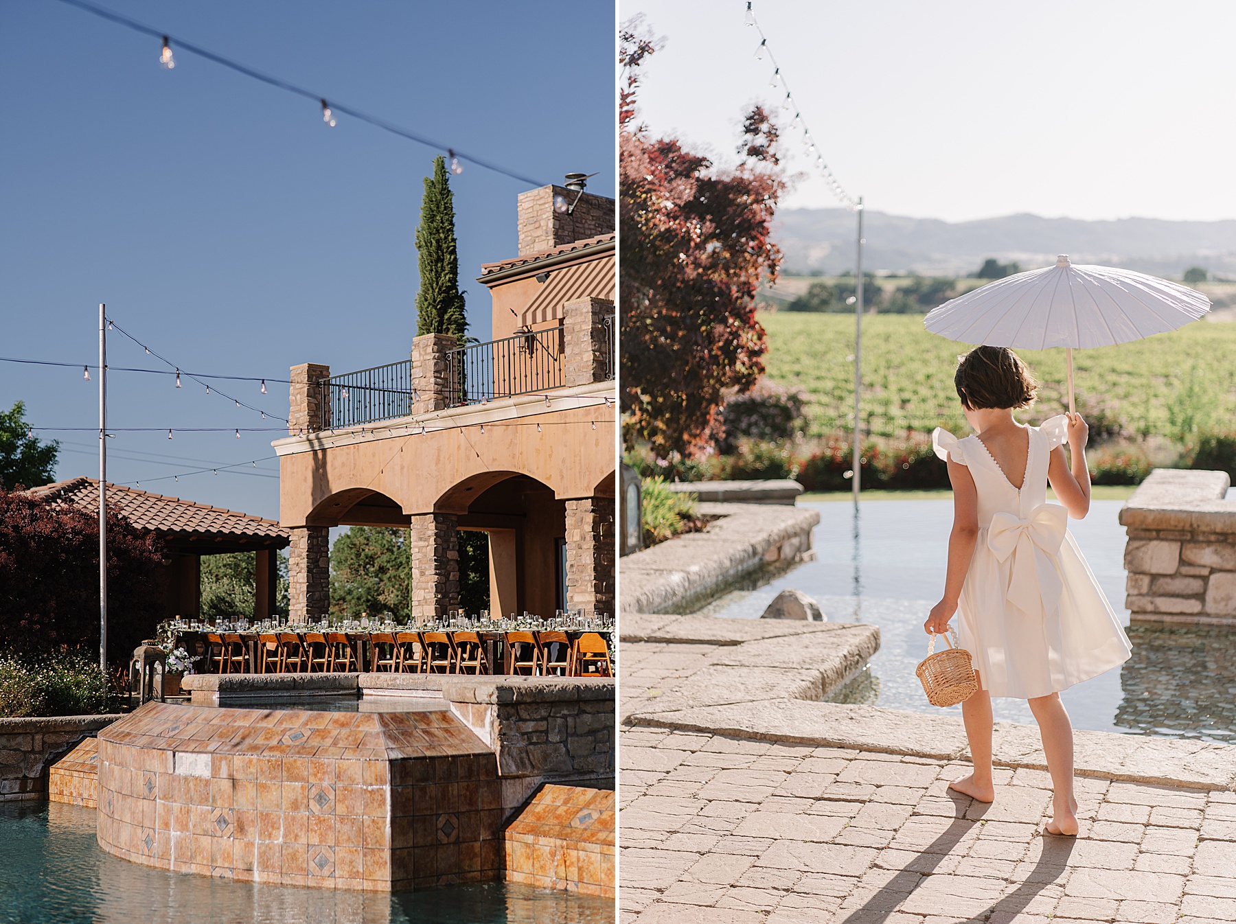 Elegant wedding day at Mira Vista Estate in Paso Robles, featuring a long reception table set by the pool with Tuscan architecture in the background, and a flower girl holding a parasol as she walks barefoot beside the vineyard-edge infinity pool.