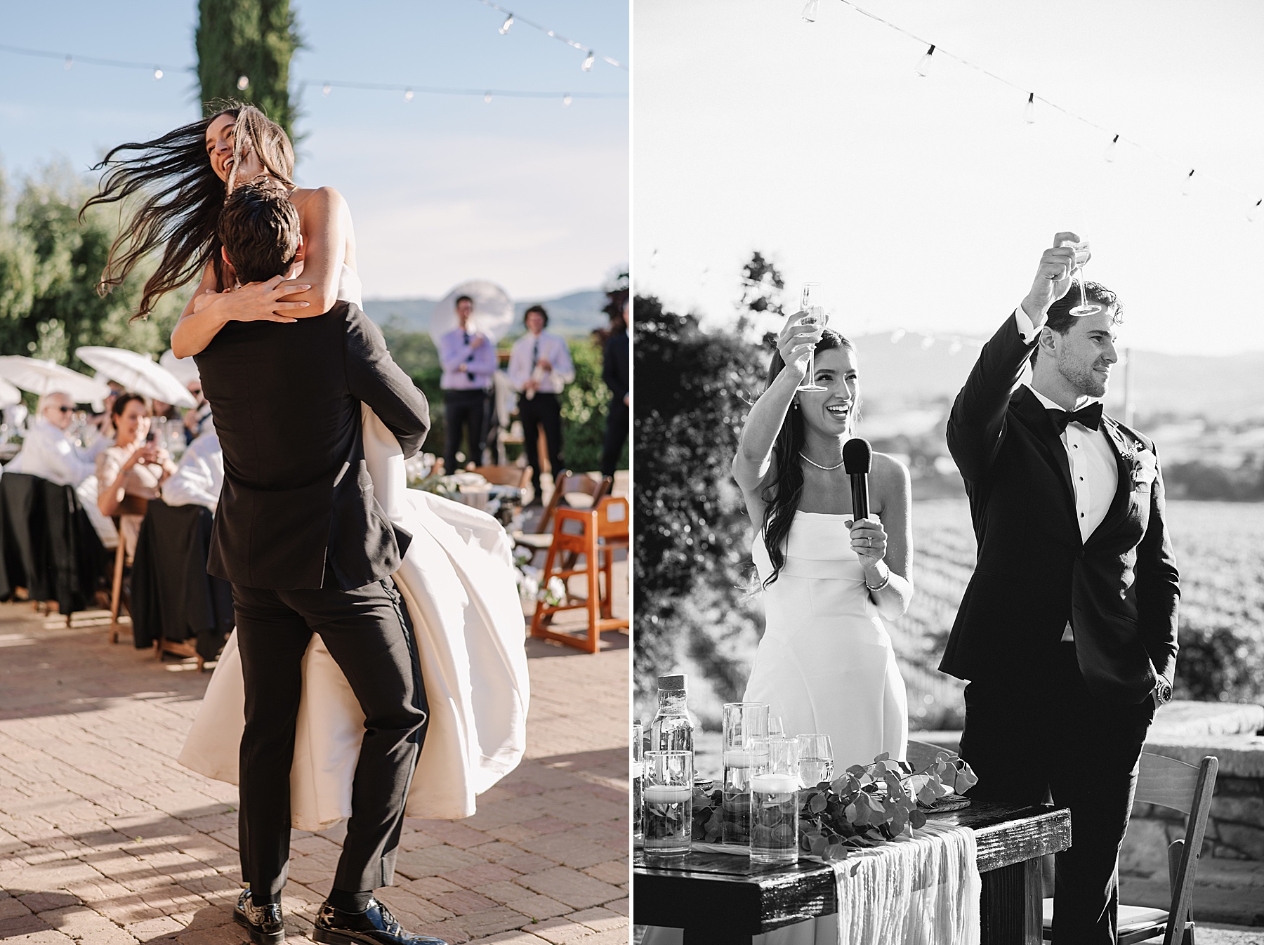 Joyful wedding reception moments at Mira Vista Estate, featuring a bride laughing as her groom lifts her during their first dance and the couple raising champagne glasses during a heartfelt toast overlooking the vineyards.