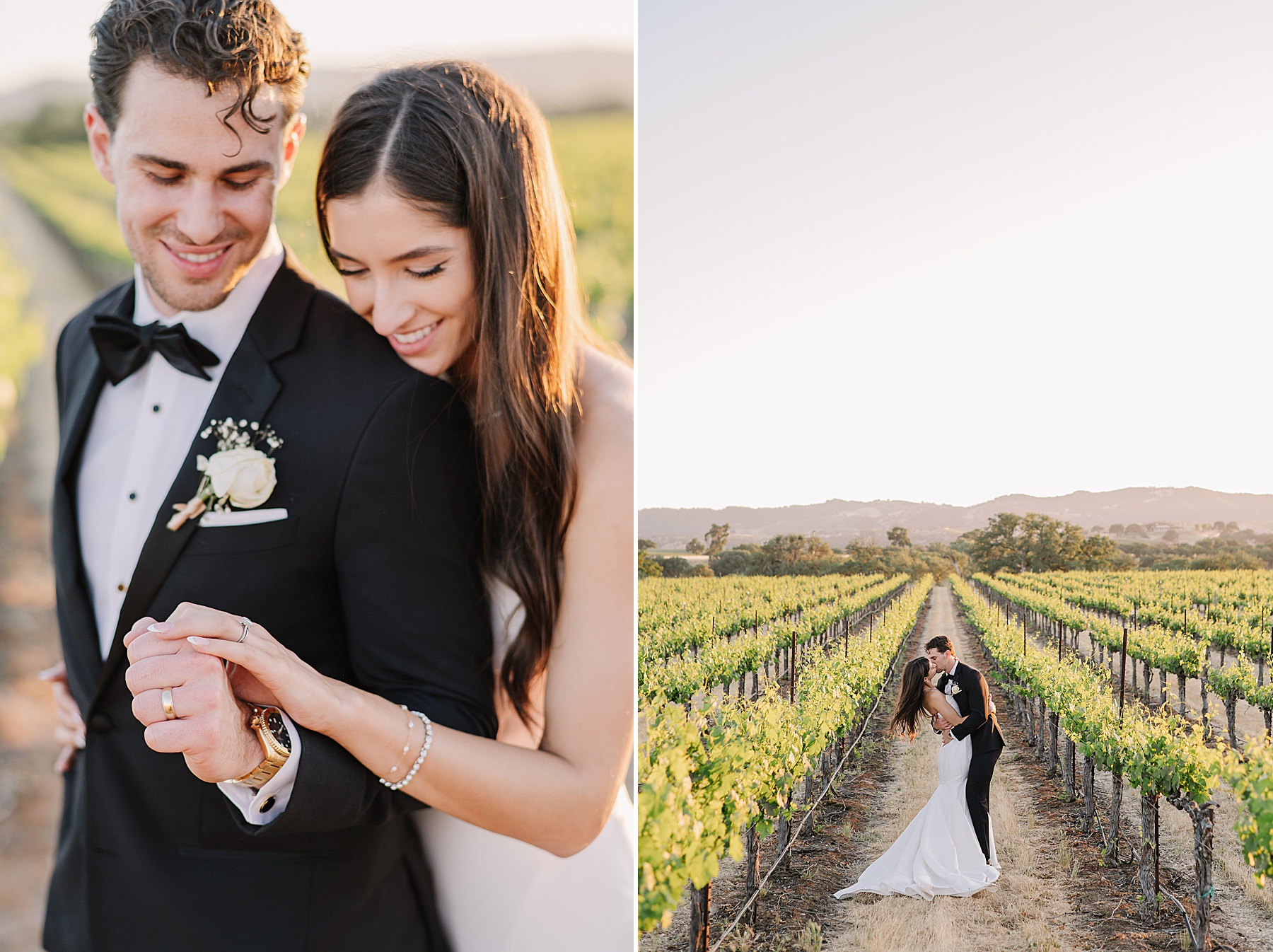 Golden hour portraits of a bride and groom in the vineyard at Mira Vista Estate, including a romantic kiss between the vines and a tender moment with the bride wrapped around her groom’s arm.