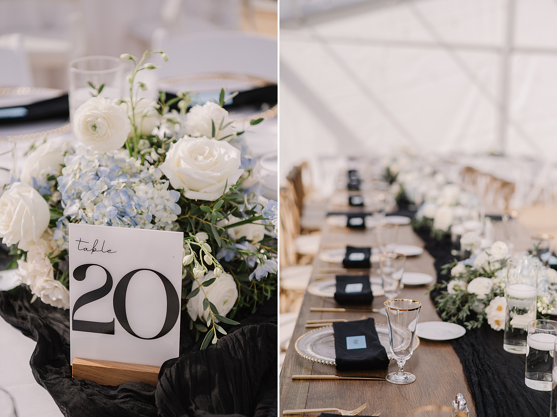 Elegant wedding table setup at Tar Creek Ranch featuring black linens, gold-rimmed glassware, and a centerpiece of white roses and blue hydrangeas with a modern table number sign.