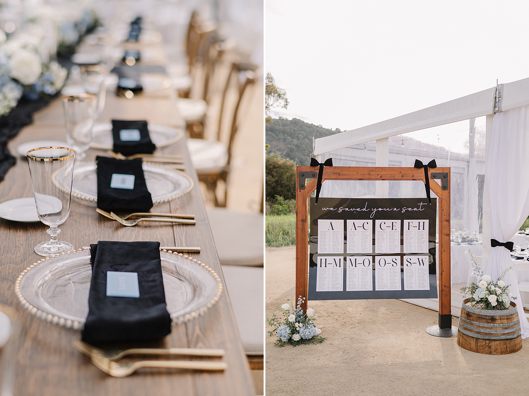 Elegant wedding reception setup at Tar Creek Ranch featuring a long wooden table with black napkins and gold flatware, paired with a modern seating chart displayed under a white tent.