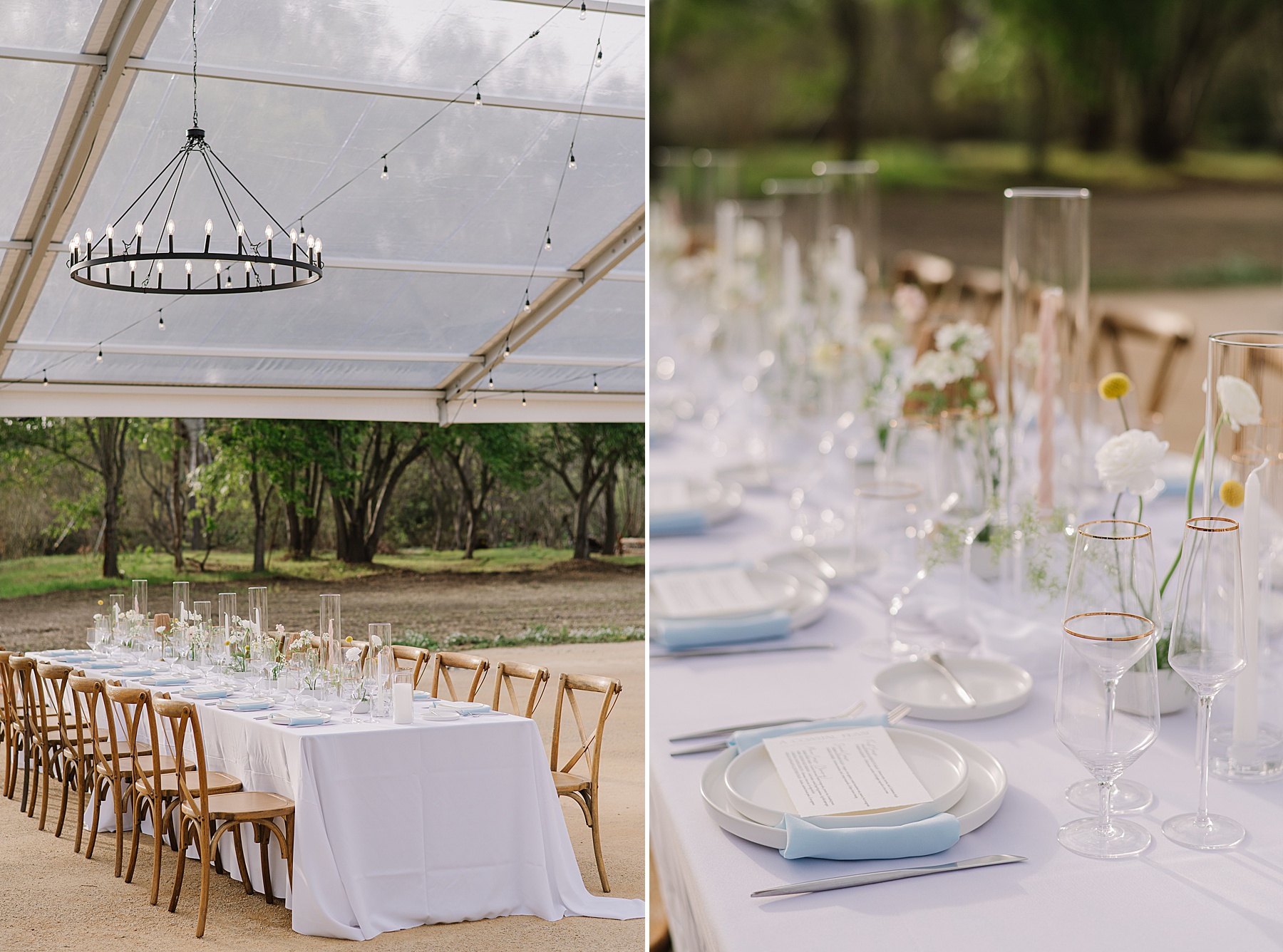 Elegant outdoor reception setup under a clear tent at Tar Creek Ranch, featuring long tables with white linens, pastel florals, and gold-rimmed glassware
