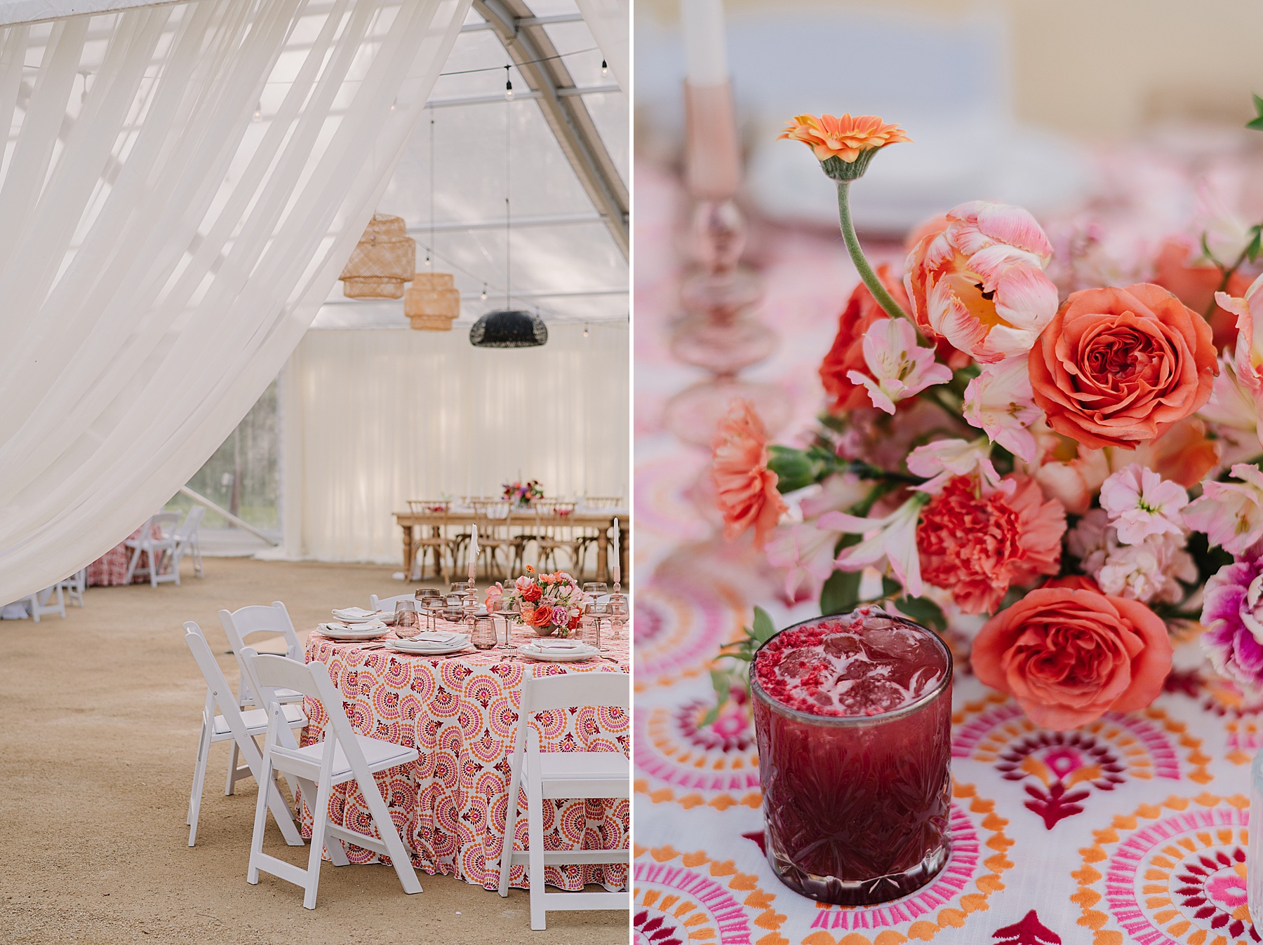 Vibrant wedding reception decor at Tar Creek Ranch featuring colorful patterned linens, orange and pink florals, and signature cocktails under a clear tent with flowing drapes.